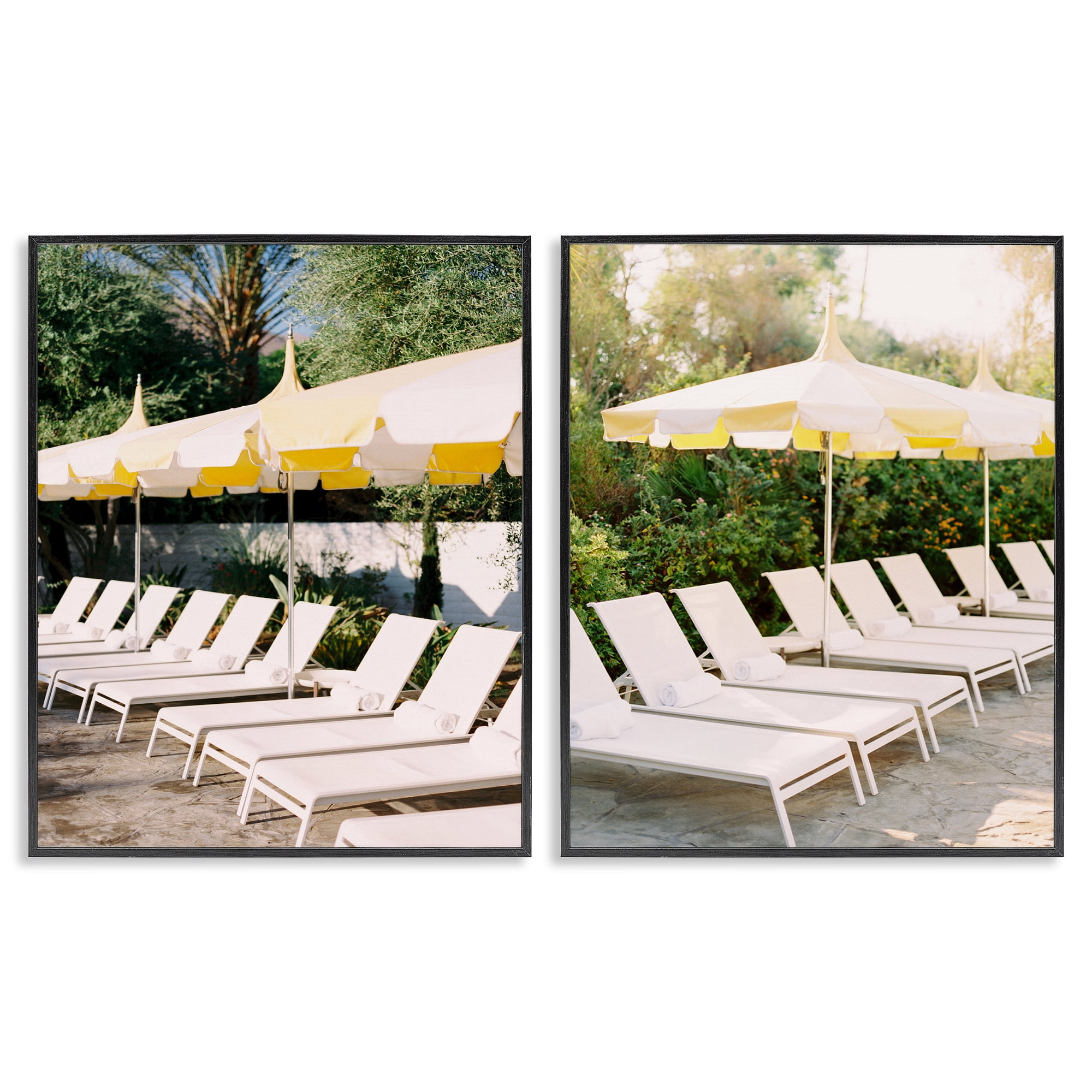 Stupell Industries Chaise Lounges with Umbrellas Nautical & Beach Photography Black Framed Art Print Wall Art, 24 x 30, Set of 2