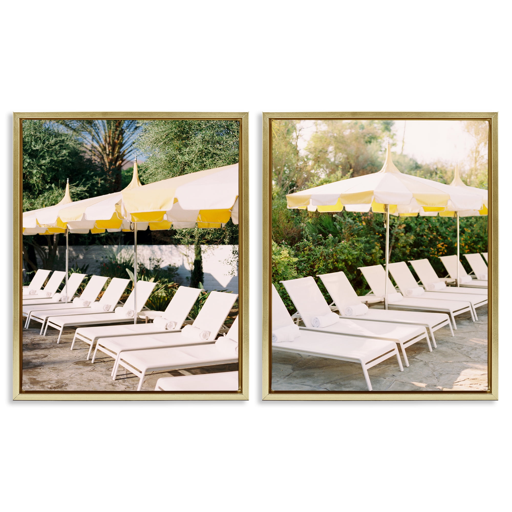 Stupell Industries Chaise Lounges with Umbrellas Nautical & Beach Photography Gold Floater Framed Canvas Art Print Wall Art, 17 x 21, Set of 2