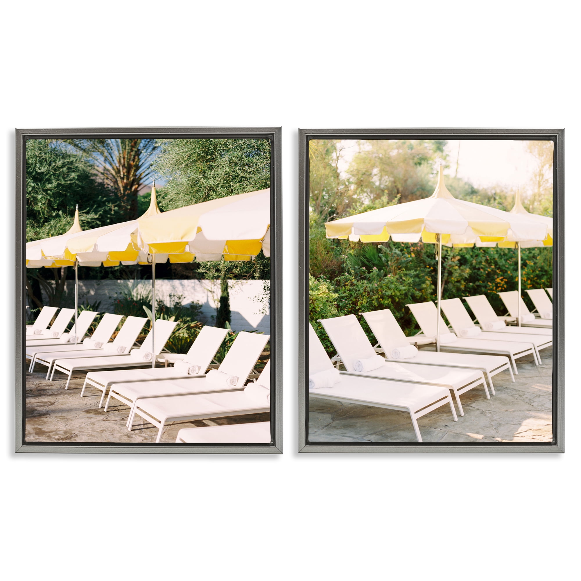 Stupell Industries Chaise Lounges with Umbrellas Nautical & Beach Photography Gray Floater Framed Canvas Art Print Wall Art, 31 x 25, Set of 2