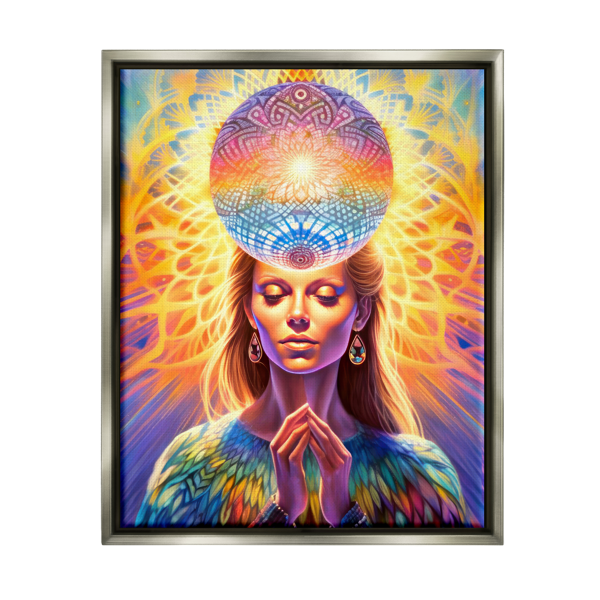 Stupell Industries Chakra Woman Fractals Abstract Painting Gray Floater Framed Canvas Art Print Wall Art, 25 x 31
