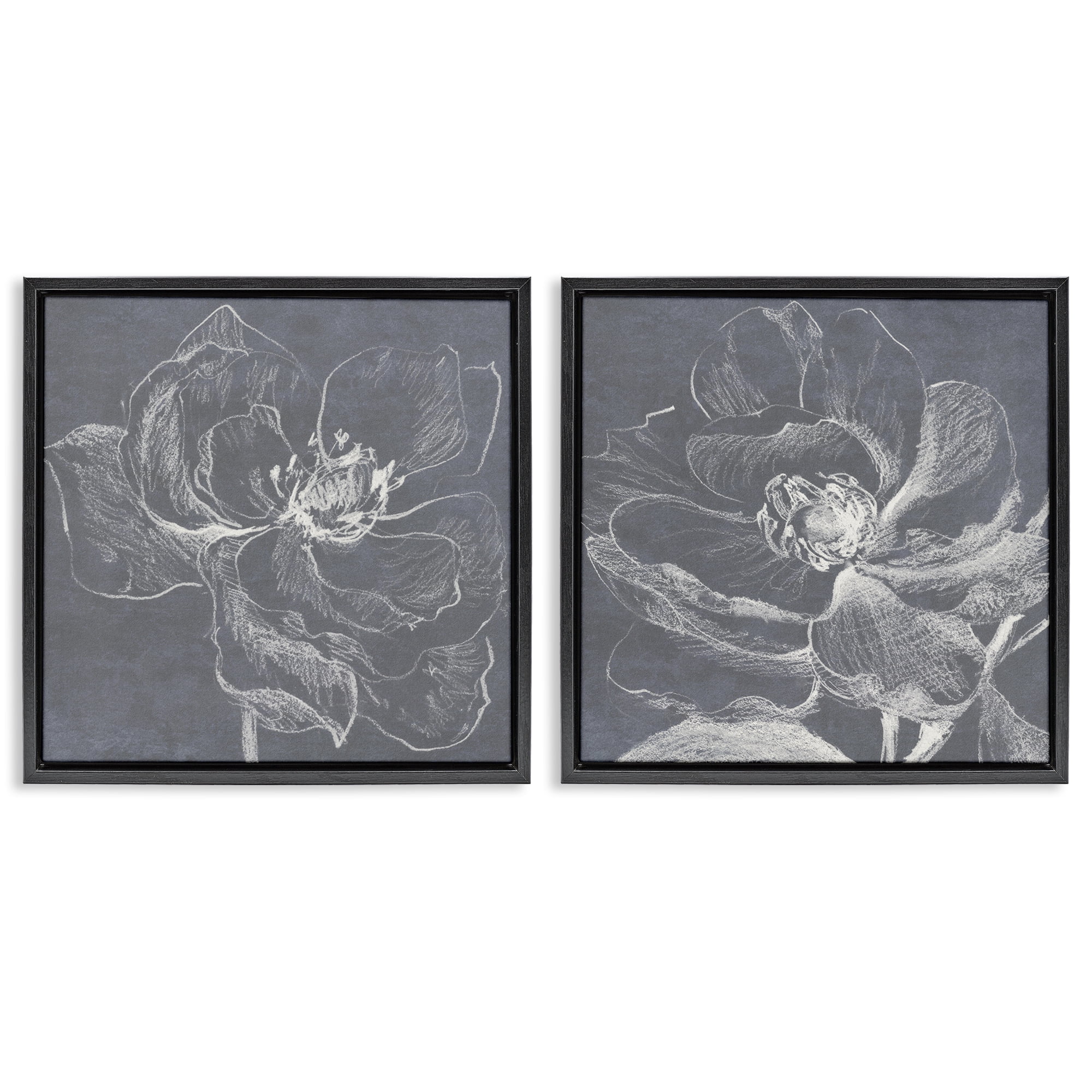 Stupell Industries Chalkboard Magnolia Blossom Plants & Flowers Drawing Black Floater Framed Canvas Art Print Wall Art, 25 x 25, Set of 2