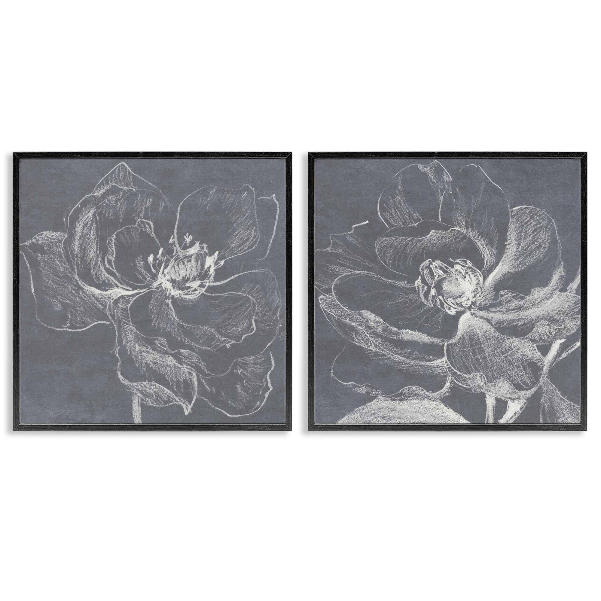 Stupell Industries Chalkboard Magnolia Blossom Plants & Flowers Drawing Black Framed Art Print Wall Art, 12 x 12, Set of 2