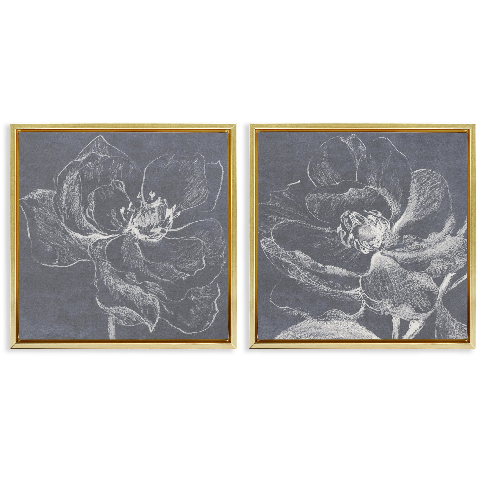 Stupell Industries Chalkboard Magnolia Blossom Plants & Flowers Drawing Gold Floater Framed Canvas Art Print Wall Art, 18 x 18, Set of 2