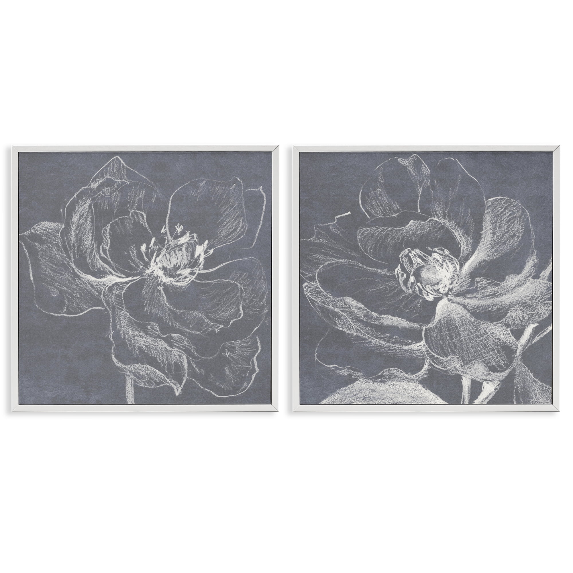 Stupell Industries Chalkboard Magnolia Blossom Plants & Flowers Drawing White Framed Art Print Wall Art, 12 x 12, Set of 2