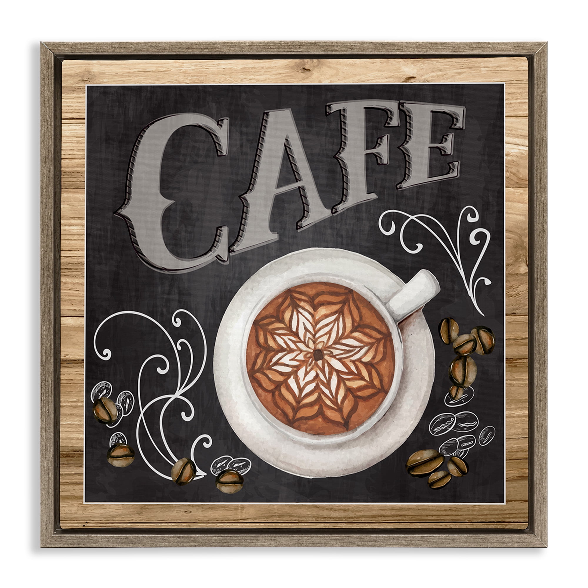 Stupell Industries Chalkboard Style Cafe Sign Food & Beverage Painting Brown Floater Framed Canvas Art Print Wall Art, 18 x 18