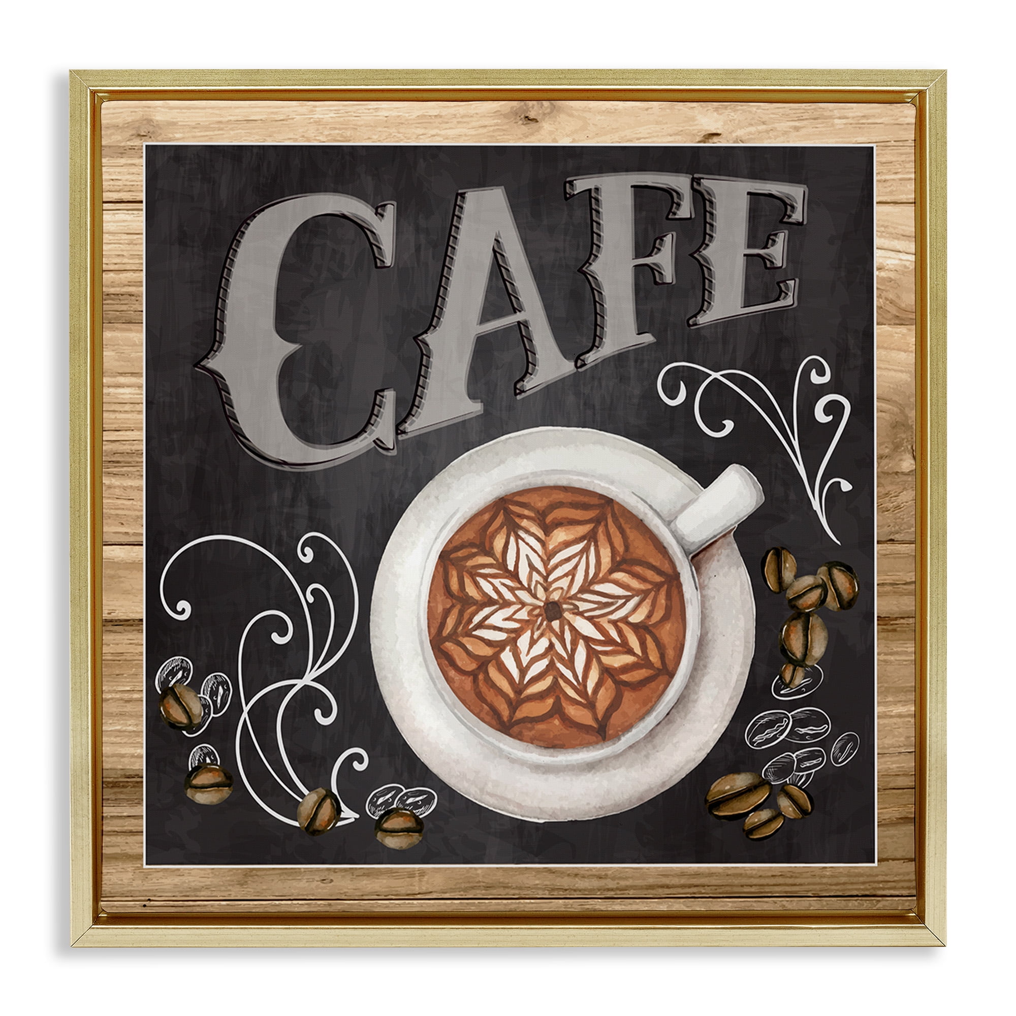 Stupell Industries Chalkboard Style Cafe Sign Food & Beverage Painting Gold Floater Framed Canvas Art Print Wall Art, 25 x 25