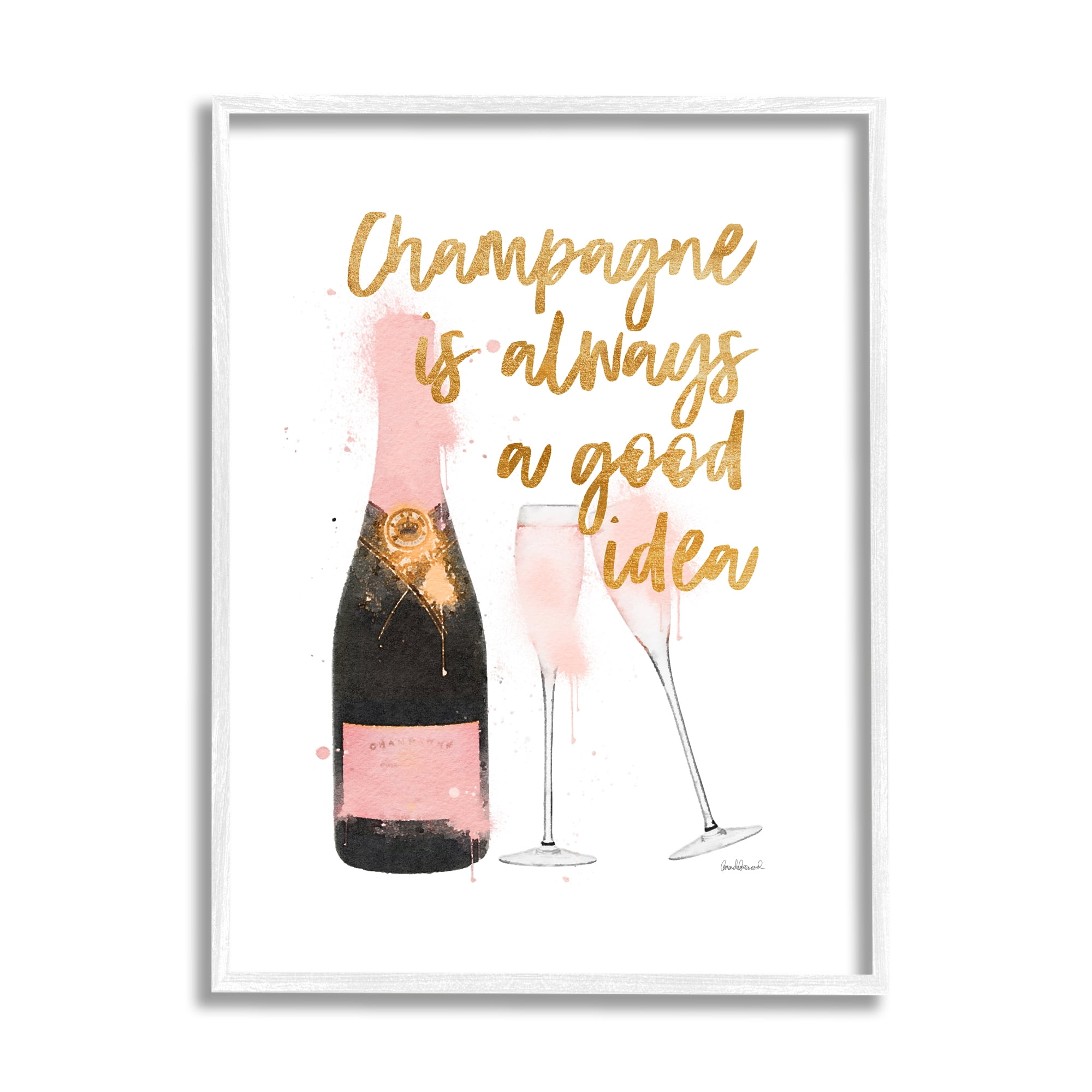 Stupell Industries Champagne Always Good Idea Phrase Chic Wine Bottle Food & Beverage Painting White Framed Art Print Wall Art, 16 x 20