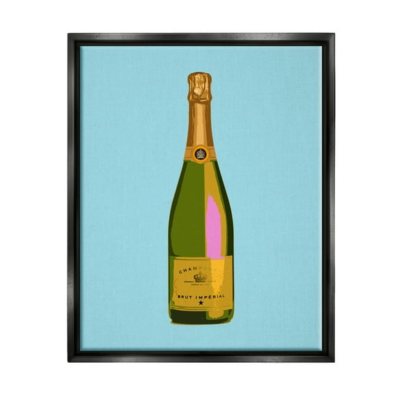 Stupell Industries Champagne Bottle on Blue Food & Beverage Painting Black Floater Framed Canvas Art Print Wall Art, 25 x 31