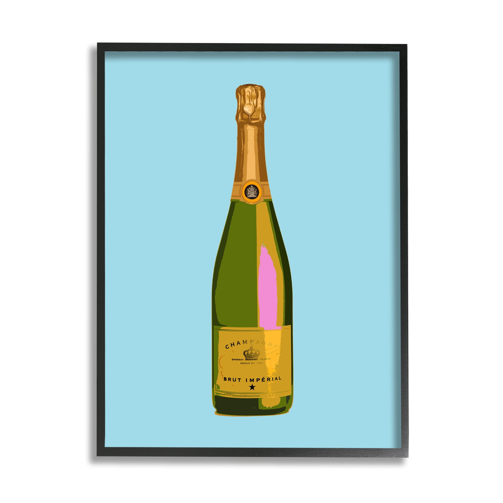 Stupell Industries Champagne Bottle on Blue Food & Beverage Painting Black Framed Art Print Wall Art, 11 x 14