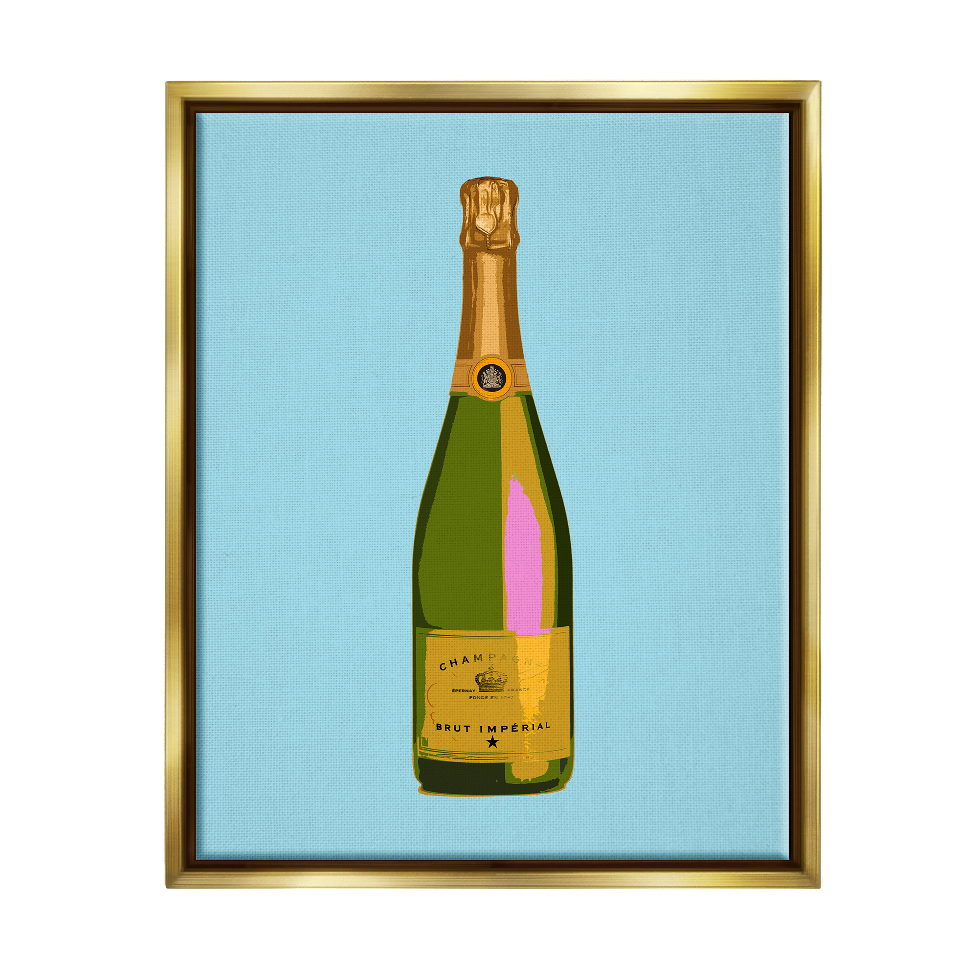 Stupell Industries Champagne Bottle on Blue Food & Beverage Painting Gold Floater Framed Canvas Art Print Wall Art, 17 x 21