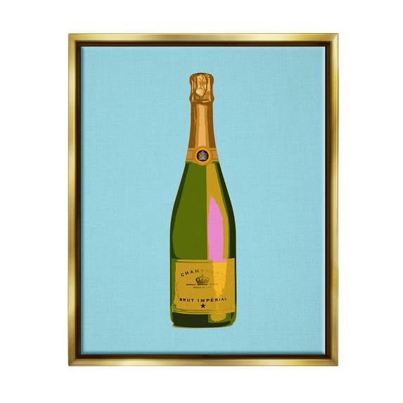 Stupell Industries Champagne Bottle on Blue Food & Beverage Painting Gold Floater Framed Canvas Art Print Wall Art, 25 x 31