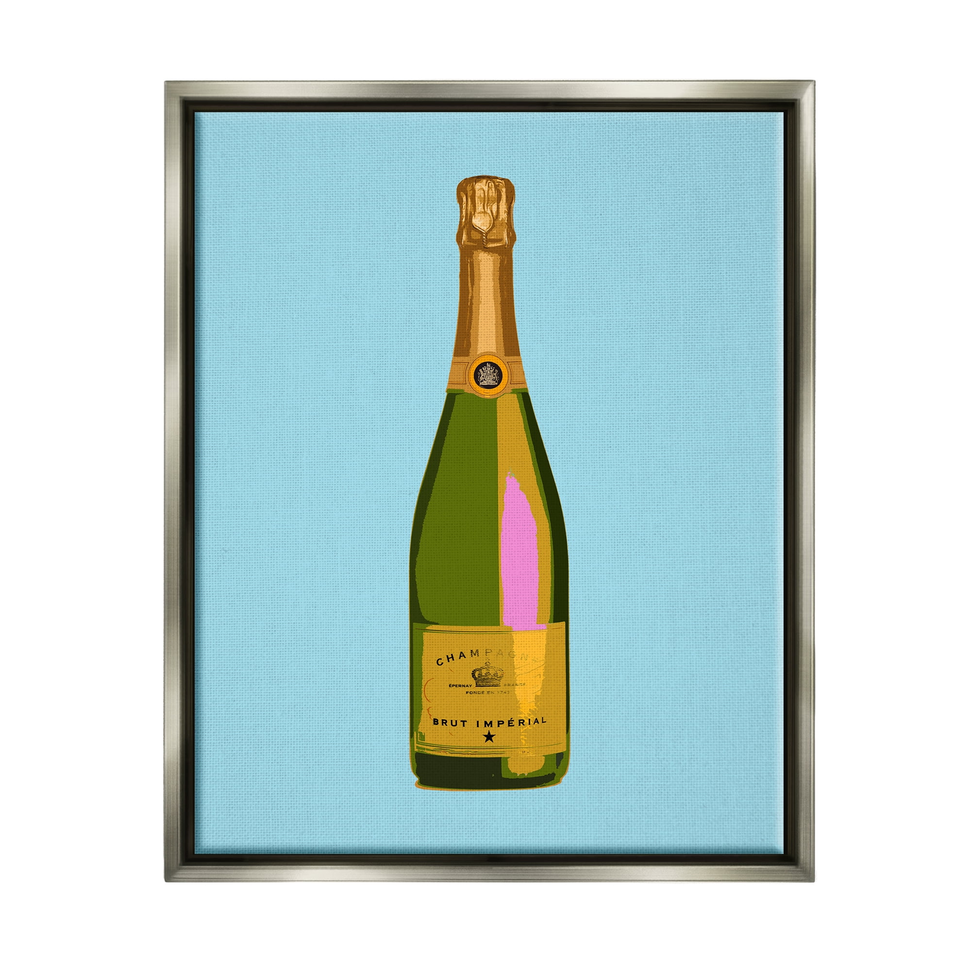 Stupell Industries Champagne Bottle on Blue Food & Beverage Painting Gray Floater Framed Canvas Art Print Wall Art, 25 x 31