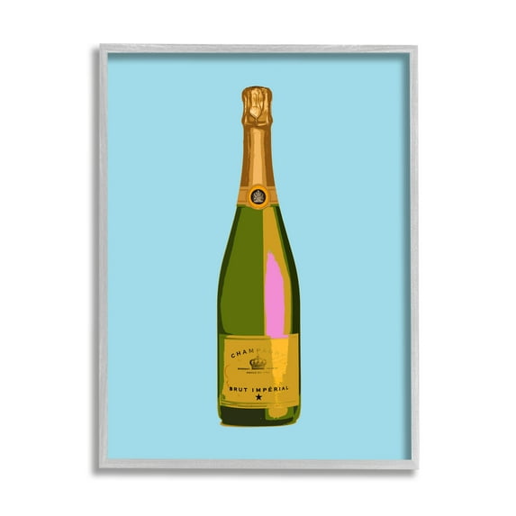 Stupell Industries Champagne Bottle on Blue Food & Beverage Painting Gray Framed Art Print Wall Art, 16 x 20