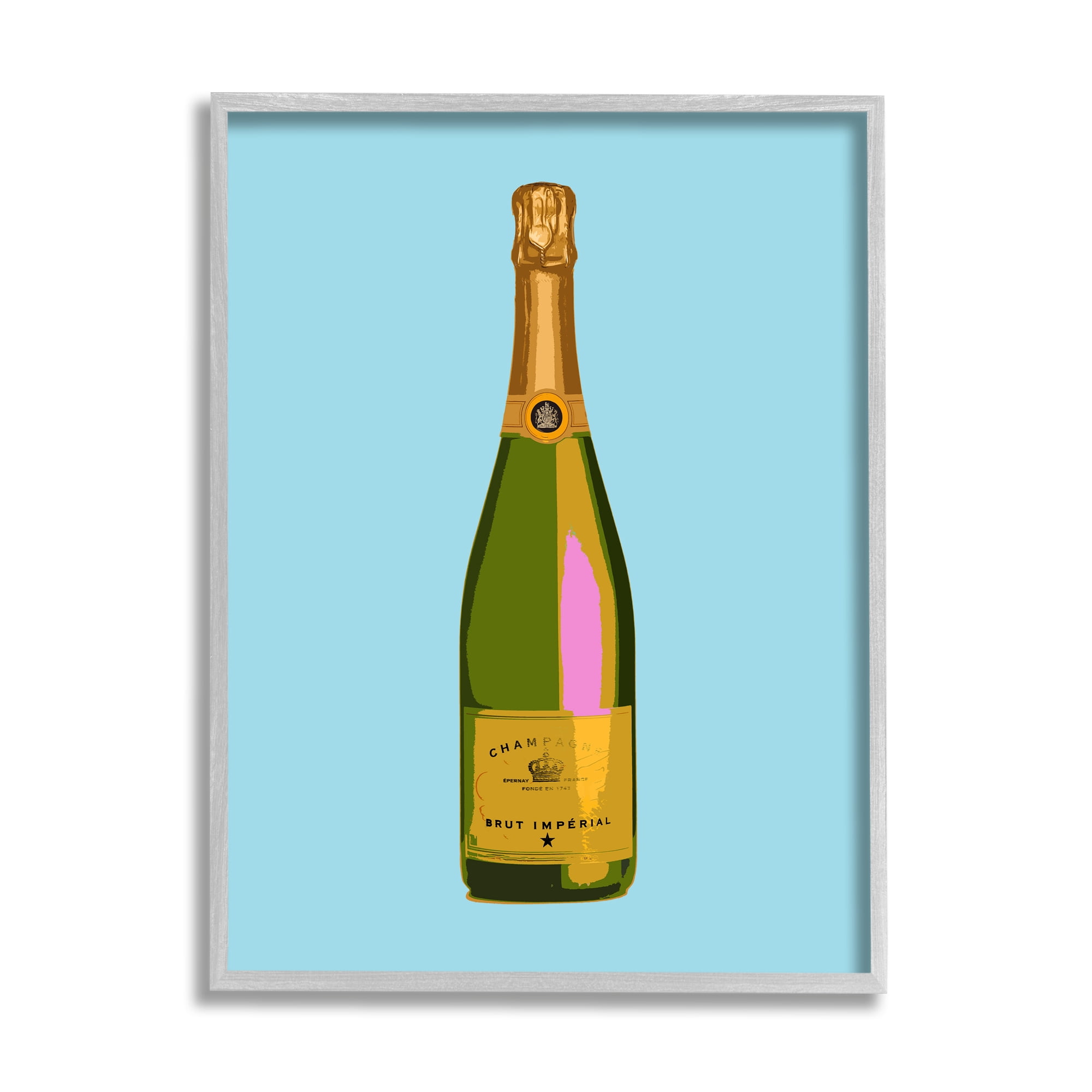 Stupell Industries Champagne Bottle on Blue Food & Beverage Painting Gray Framed Art Print Wall Art, 24 x 30