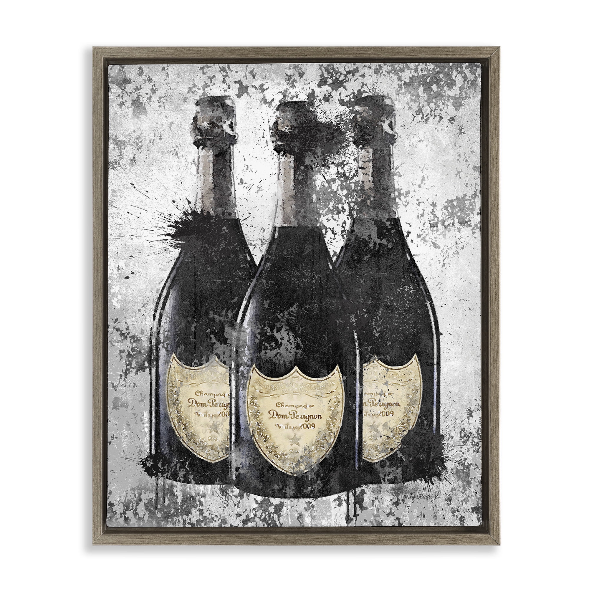 Stupell Industries Champagne Bottles Grey & Gold Beauty & Fashion Painting Brown Floater Framed Canvas Art Print Wall Art, 17 x 21