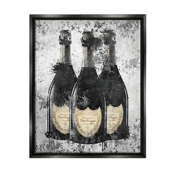 Stupell Industries Champagne Bottles Grey Gold Ink Illustration Jet Black Framed Floating Canvas Wall Art, 16x20, by Amanda Greenwood