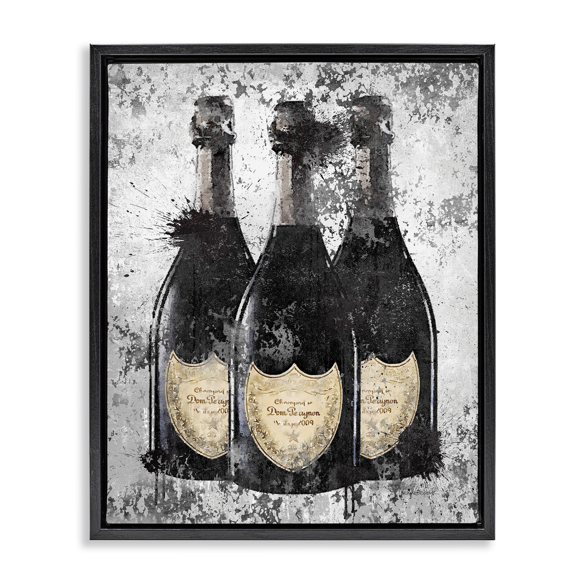 Stupell Industries Champagne Bottles Grey Gold Ink Illustration Jet Black Framed Floating Canvas Wall Art, 24x30, by Amanda Greenwood