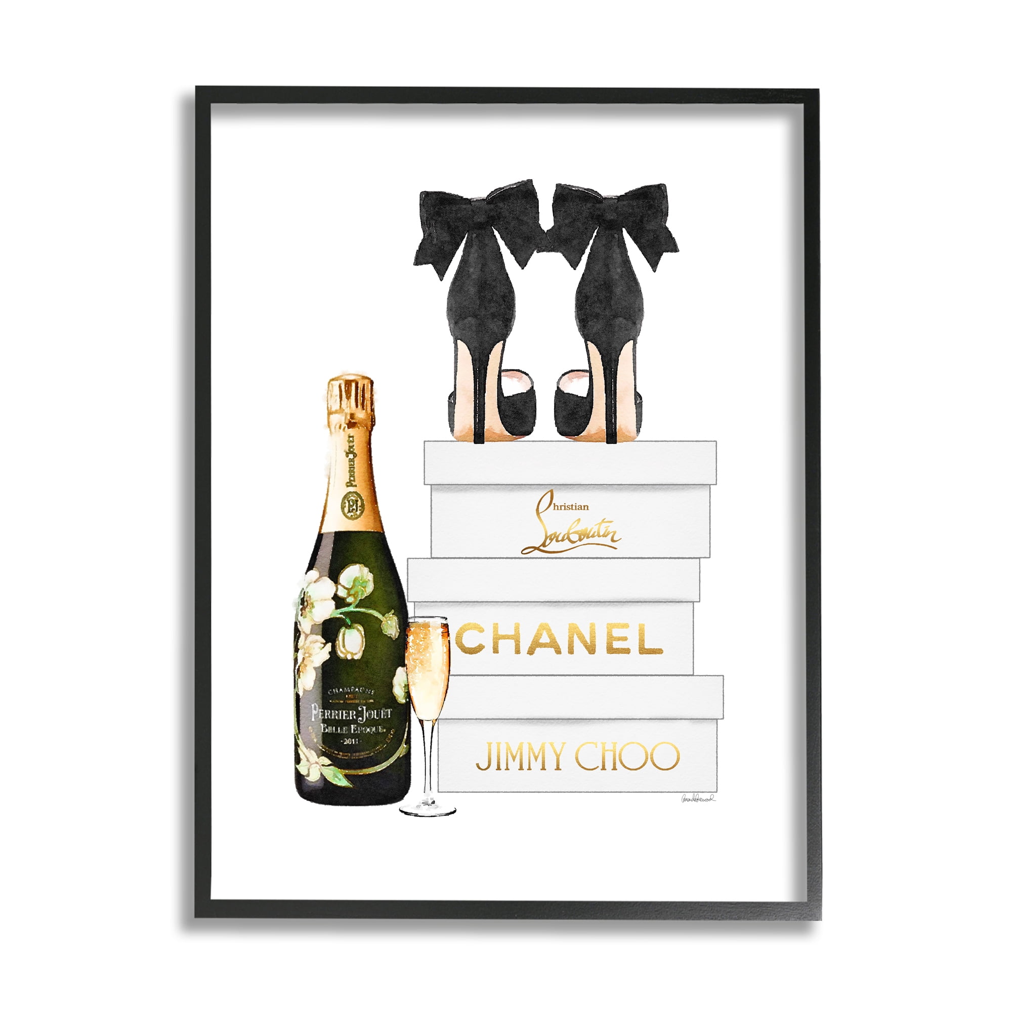 Stupell Industries Champagne Bubbly Black Heels Glam Shoe Boxes Beauty & Fashion Painting Black Framed Art Print Wall Art, 24 x 30