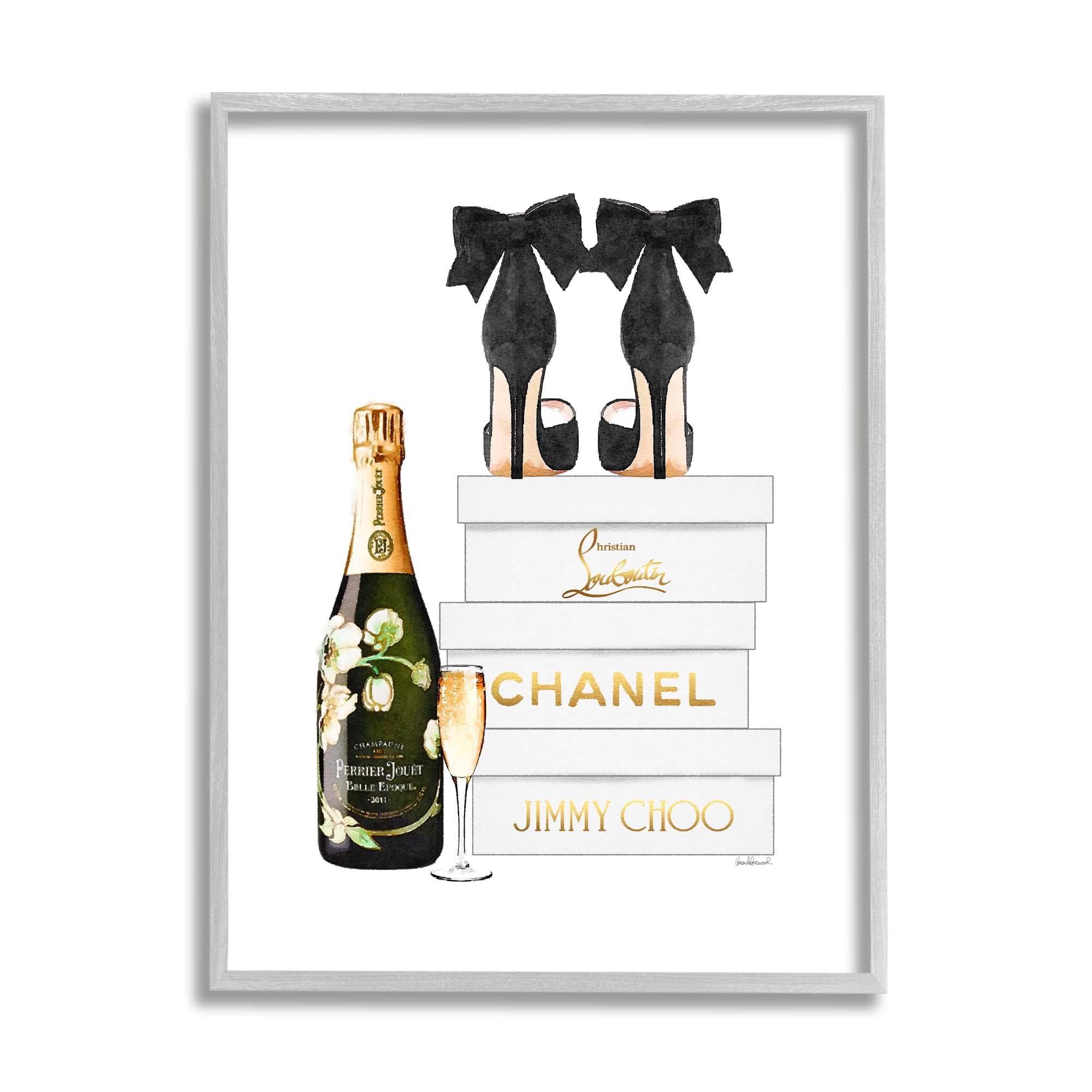 Stupell Industries Champagne Bubbly Black Heels Glam Shoe Boxes Beauty & Fashion Painting Gray Framed Art Print Wall Art, 11 x 14