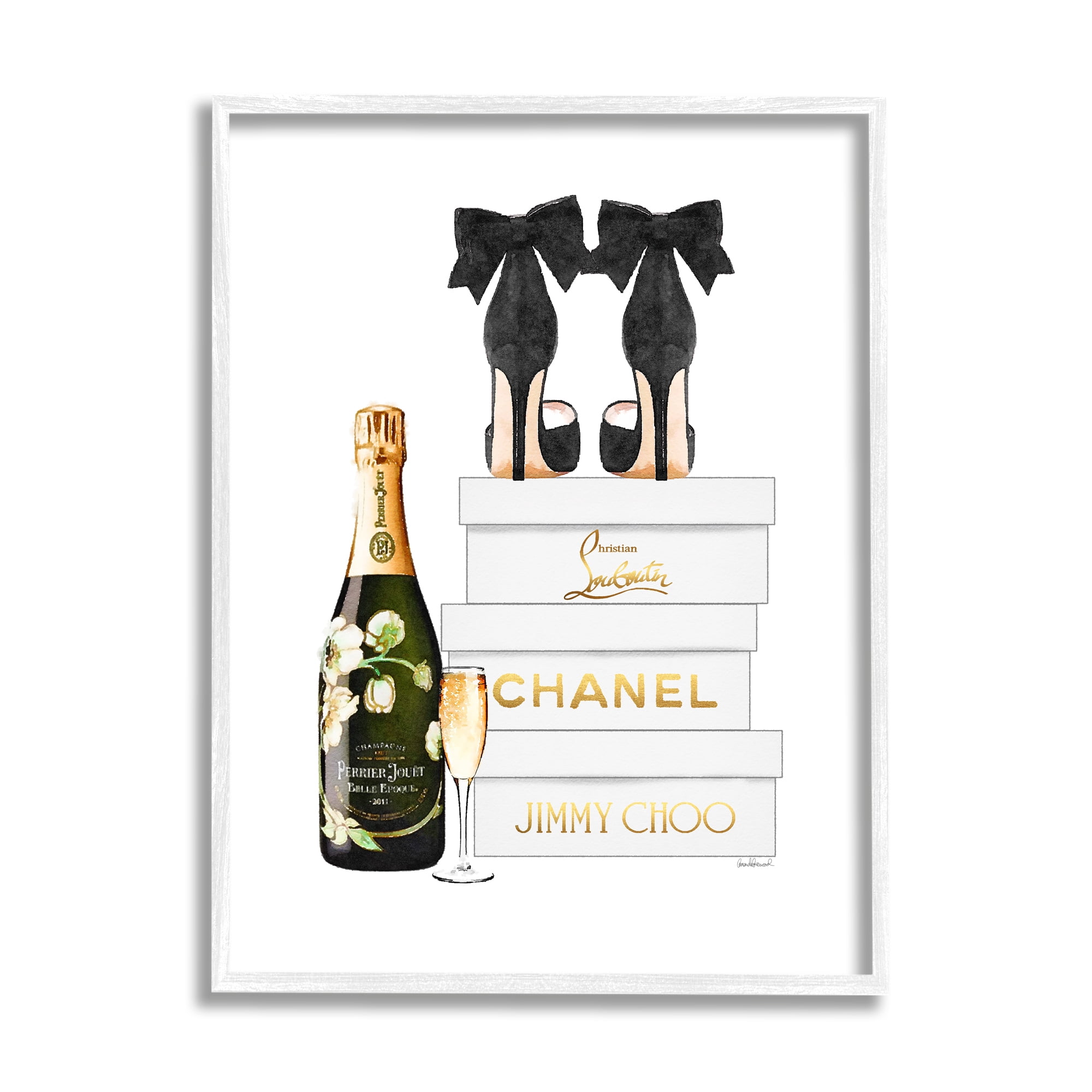 Stupell Industries Champagne Bubbly Black Heels Glam Shoe Boxes Glam Painting White framed Art Print Wall Art, 24 x 30, Design by Amanda Greenwood