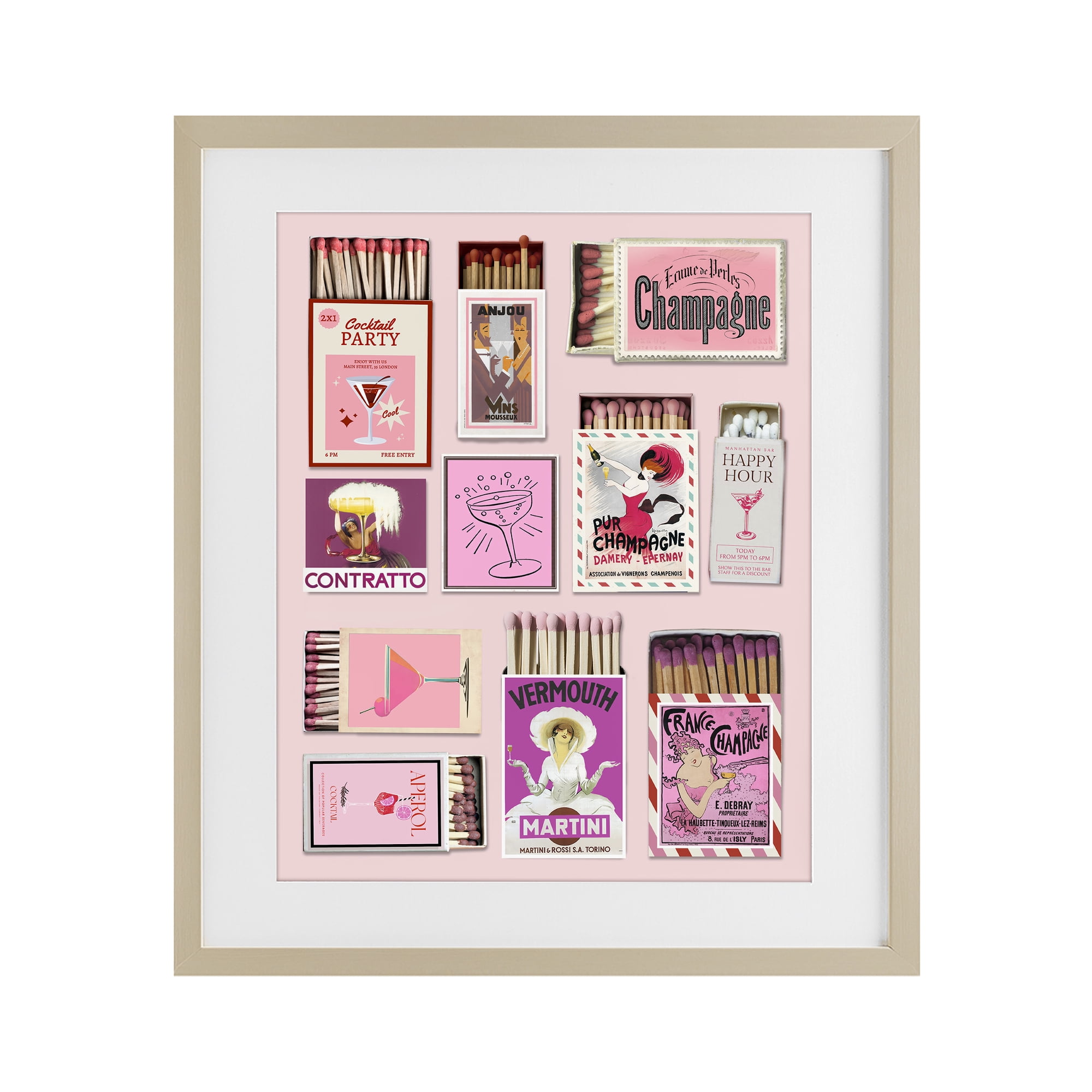 Stupell Industries Champagne & Cocktail Matchboxes Birch Framed Print Under Glass, design by CAD Designs