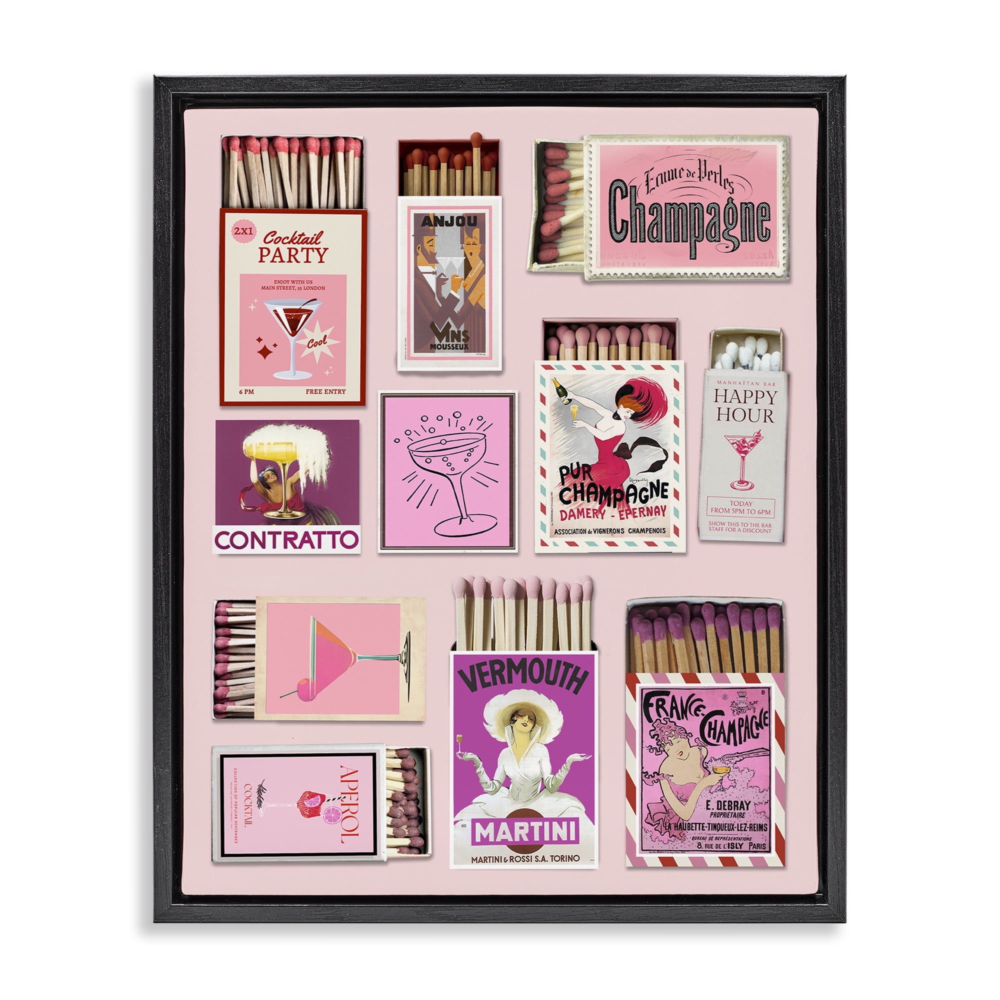 Stupell Industries Champagne & Cocktail Matchboxes Black Framed Floater Canvas Wall Art, design by CAD Designs