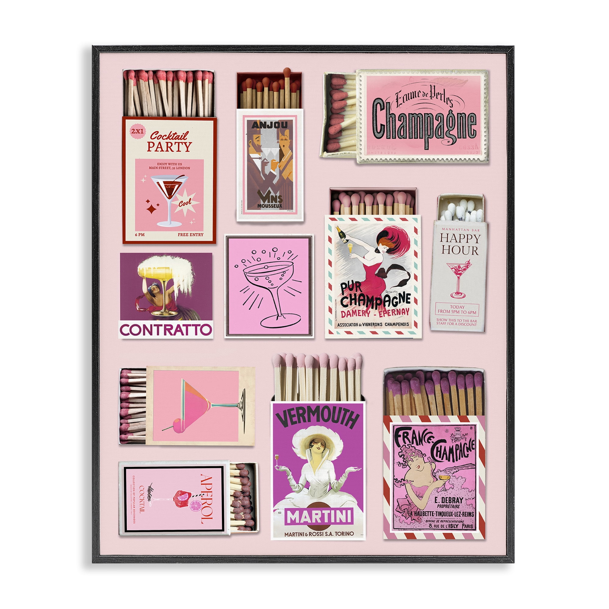 Stupell Industries Champagne & Cocktail Matchboxes Black Framed Giclee Art, design by CAD Designs