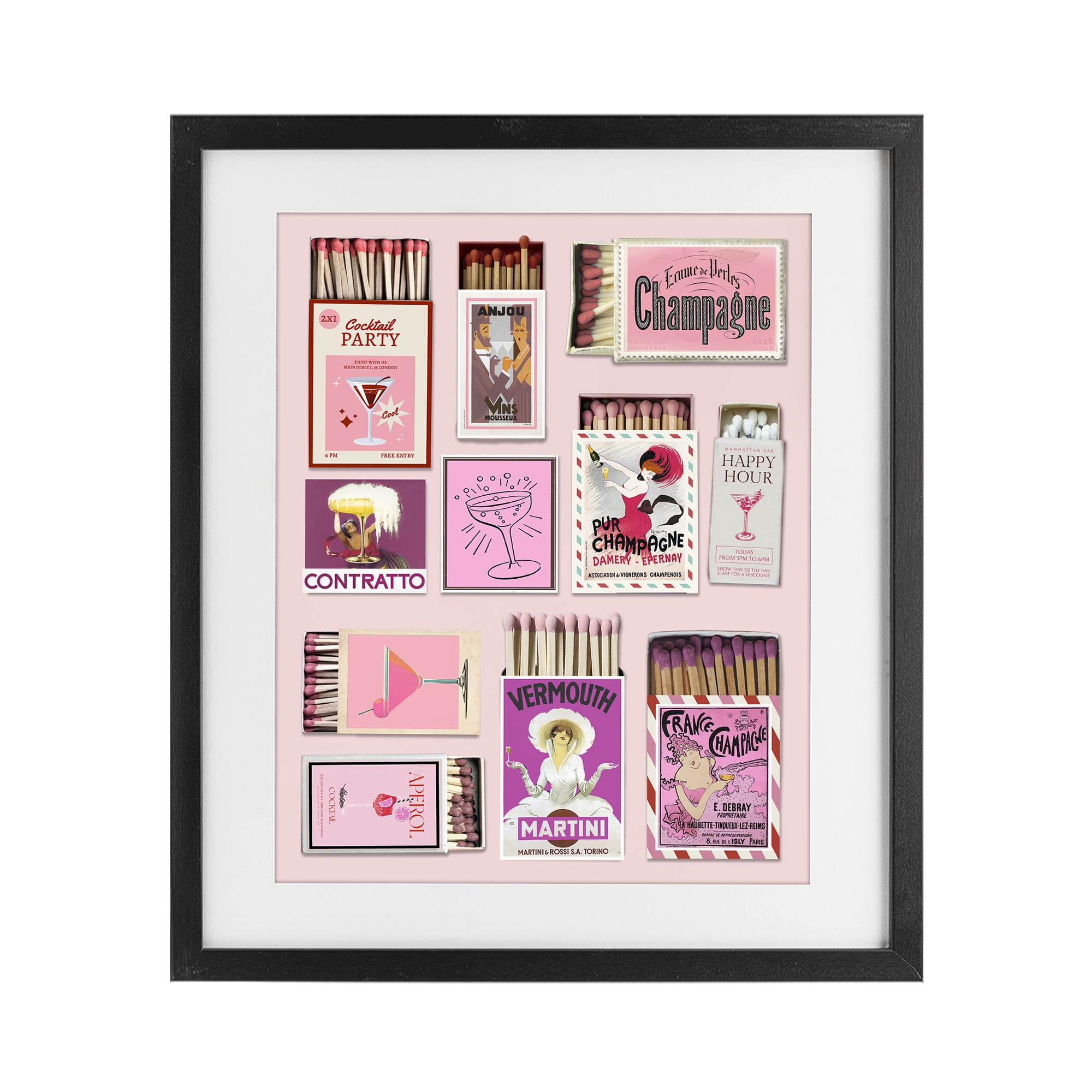Stupell Industries Champagne & Cocktail Matchboxes Black Framed Print Under Glass, design by CAD Designs