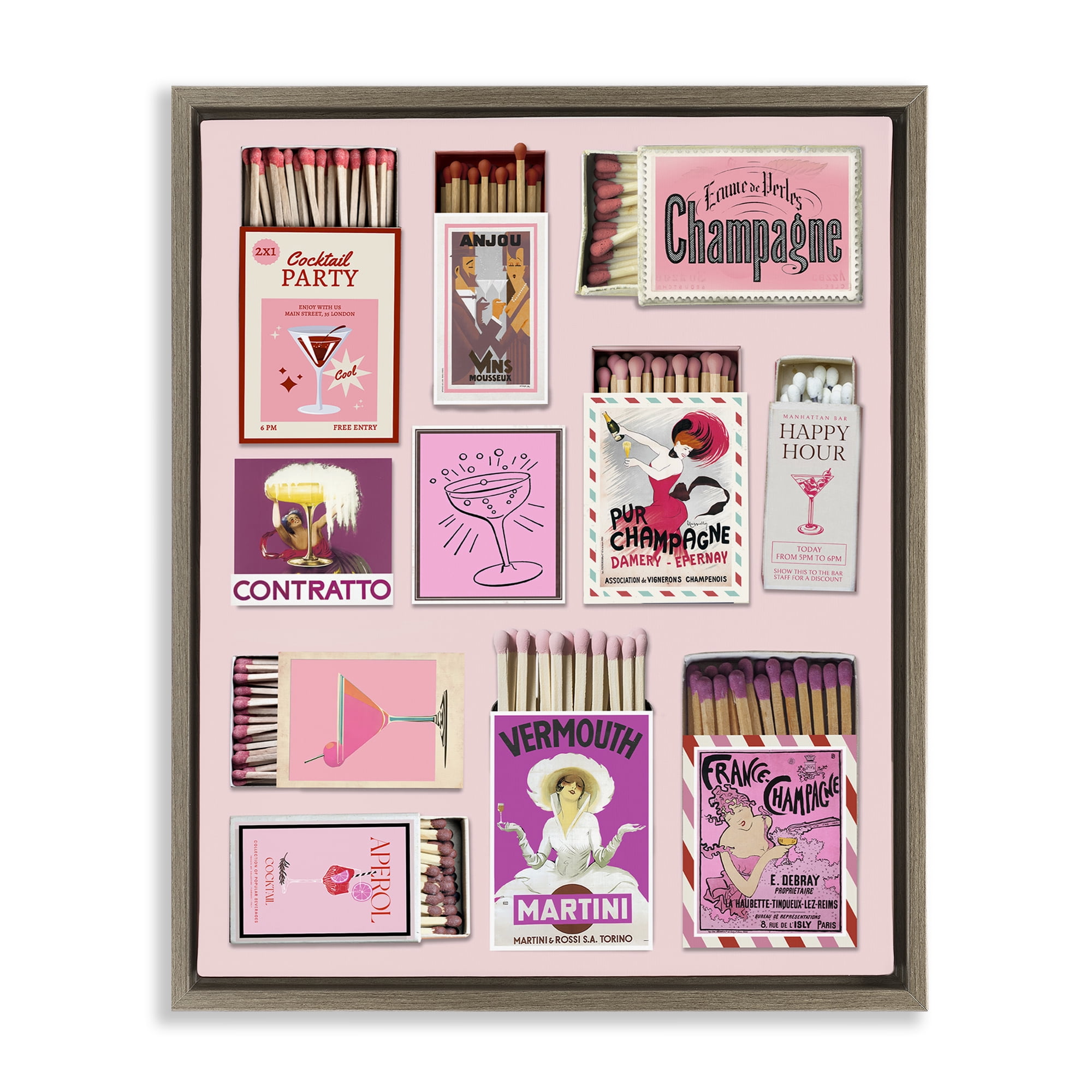 Stupell Industries Champagne & Cocktail Matchboxes Brown Framed Floater Canvas Wall Art, design by CAD Designs