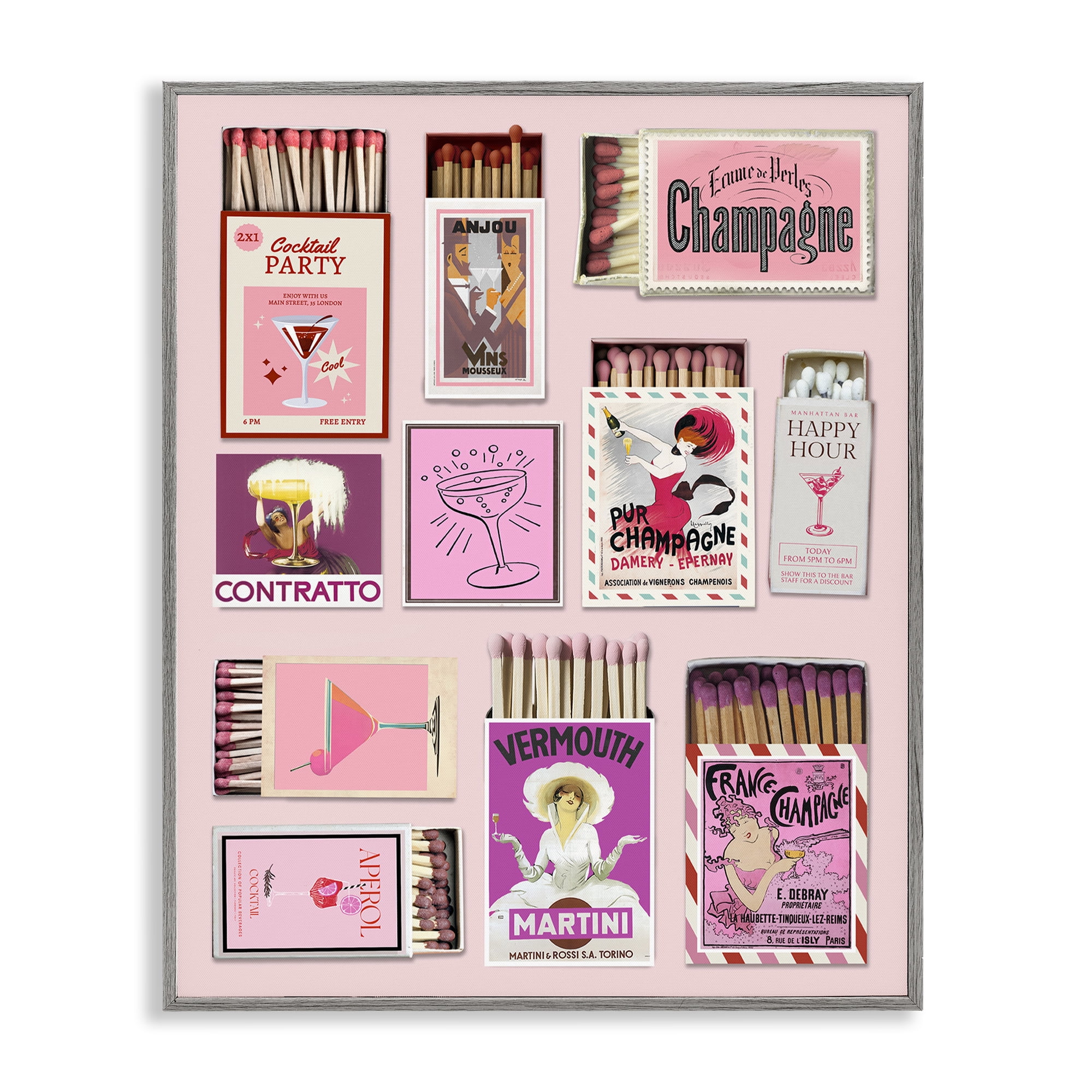 Stupell Industries Champagne & Cocktail Matchboxes Gray Framed Giclee Art, design by CAD Designs