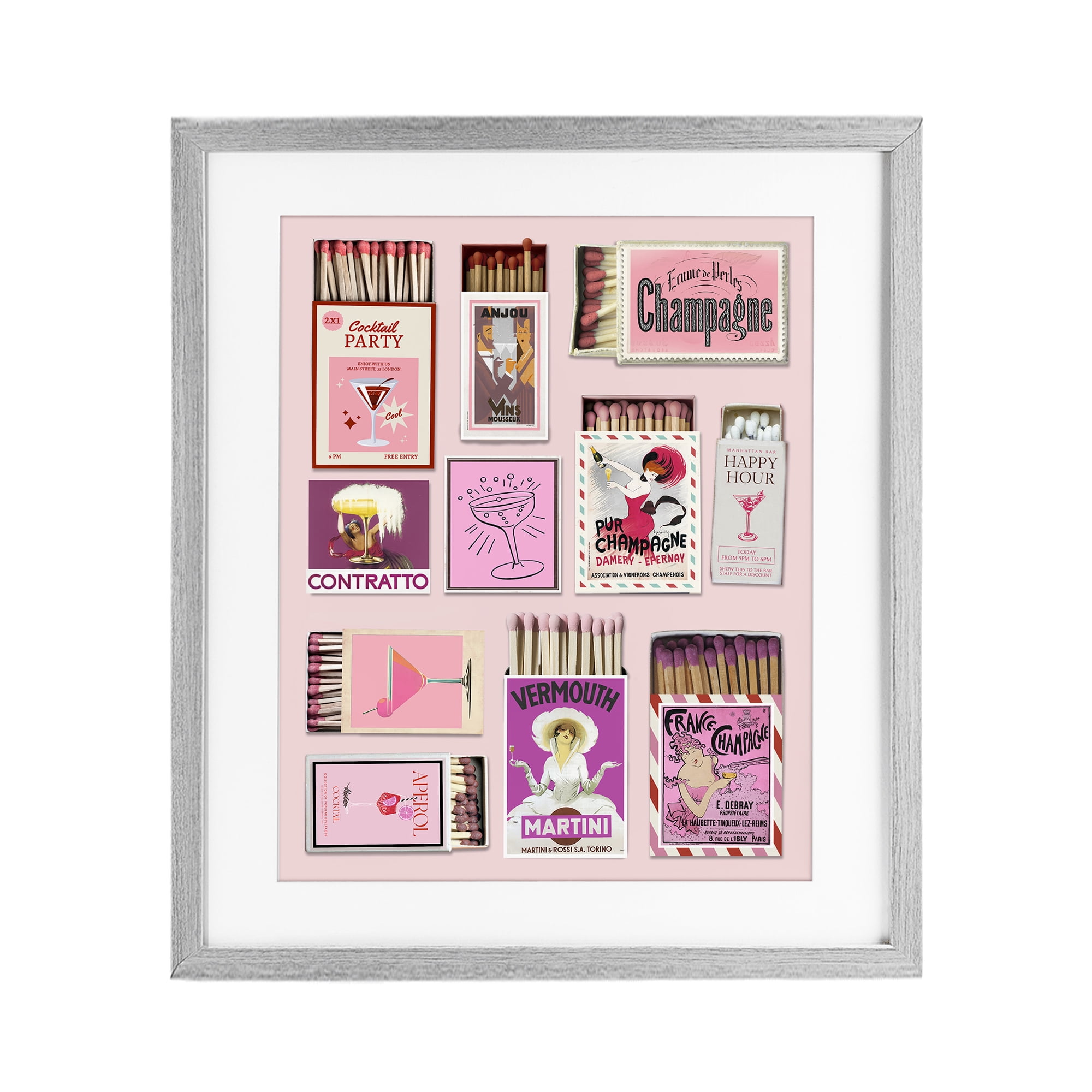 Stupell Industries Champagne & Cocktail Matchboxes Gray Framed Print Under Glass, design by CAD Designs