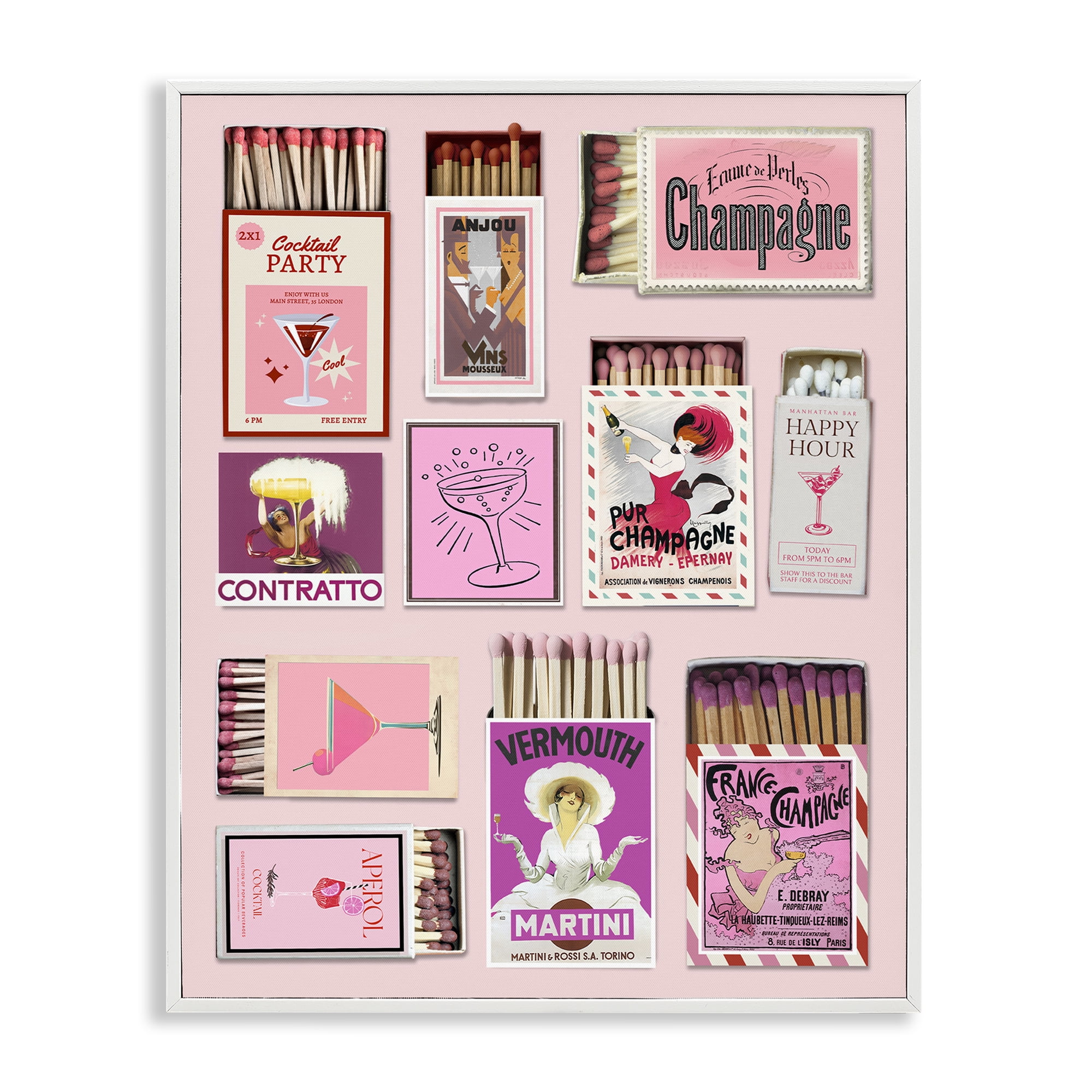 Stupell Industries Champagne & Cocktail Matchboxes White Framed Giclee Art, design by CAD Designs