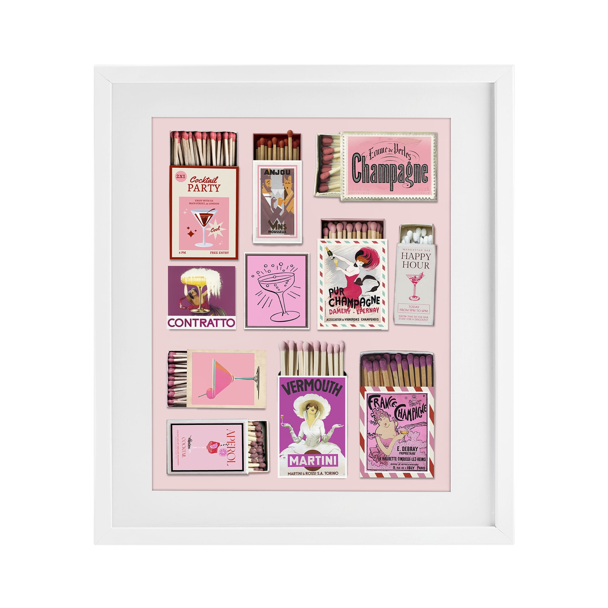 Stupell Industries Champagne & Cocktail Matchboxes White Framed Print Under Glass, design by CAD Designs