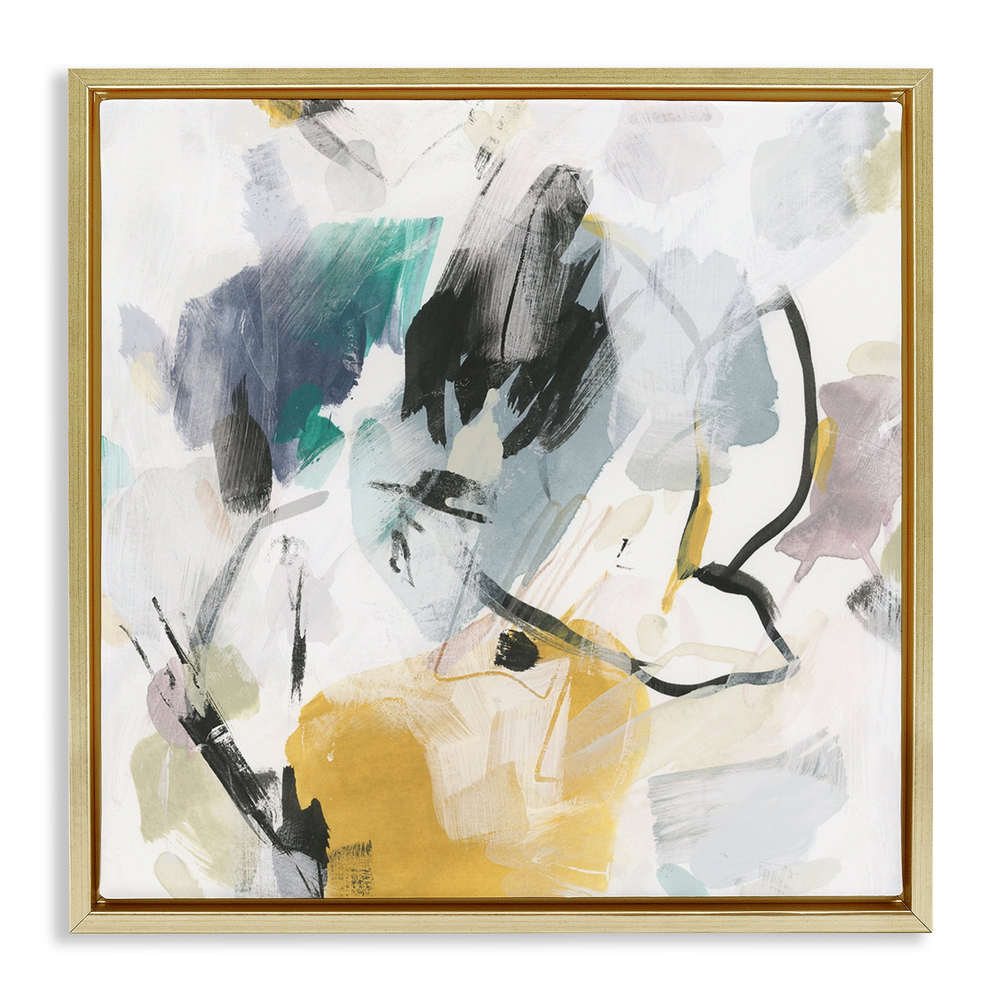 Stupell Industries Chaotic Abstract Yellow Accent Abstract Painting Gold Floater Framed Canvas Art Print Wall Art, 25 x 25