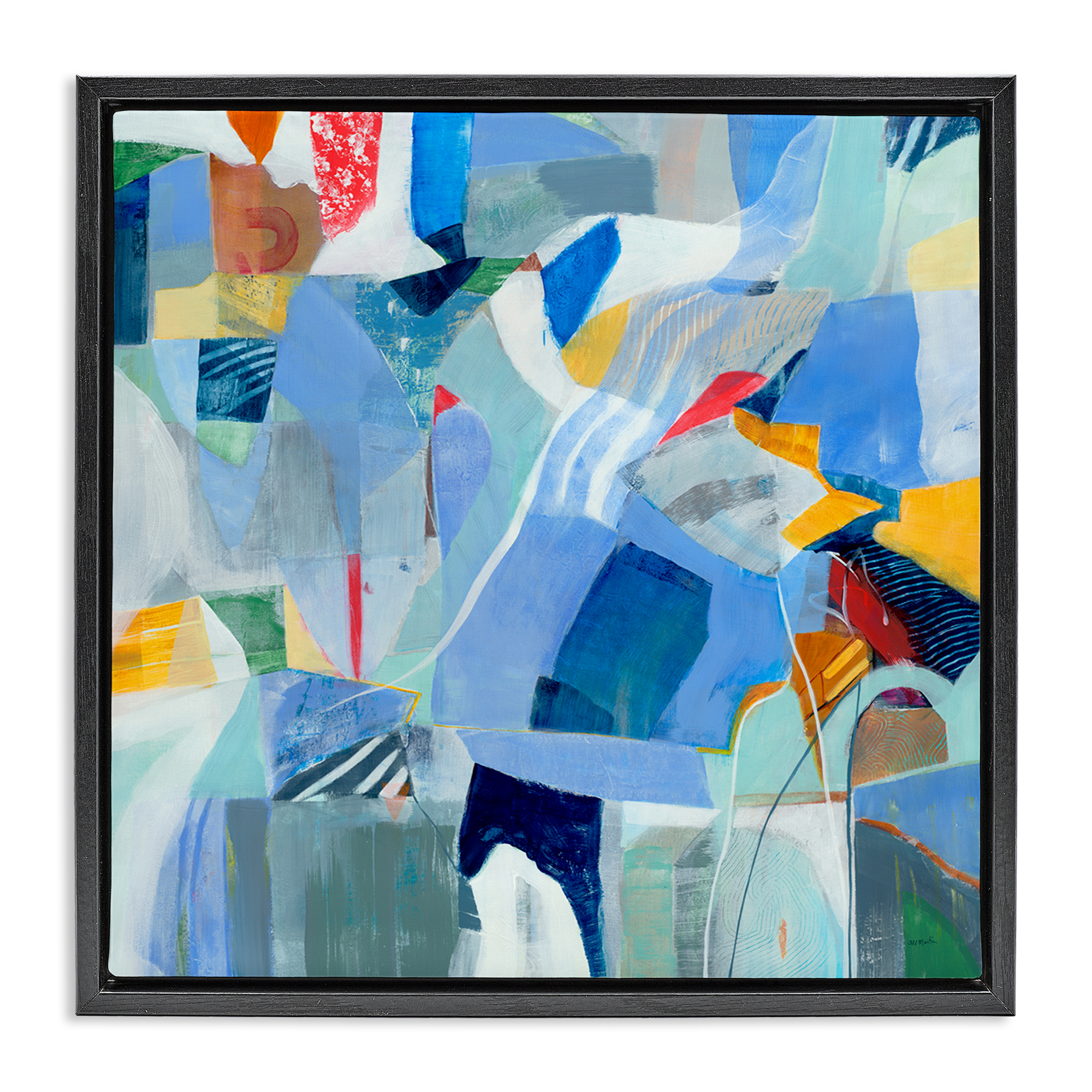 Stupell Industries Chaotic Blue Composition Abstract Painting Black Floater Framed Canvas Art Print Wall Art, 25 x 25