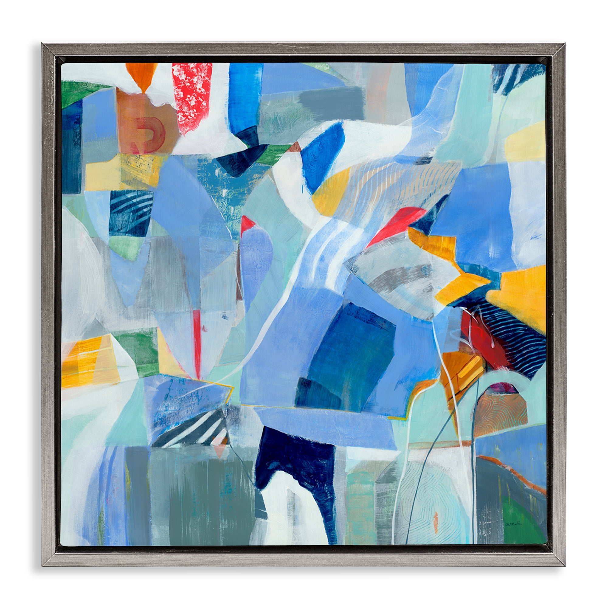 Stupell Industries Chaotic Blue Composition Abstract Painting Gray Floater Framed Canvas Art Print Wall Art, 18 x 18
