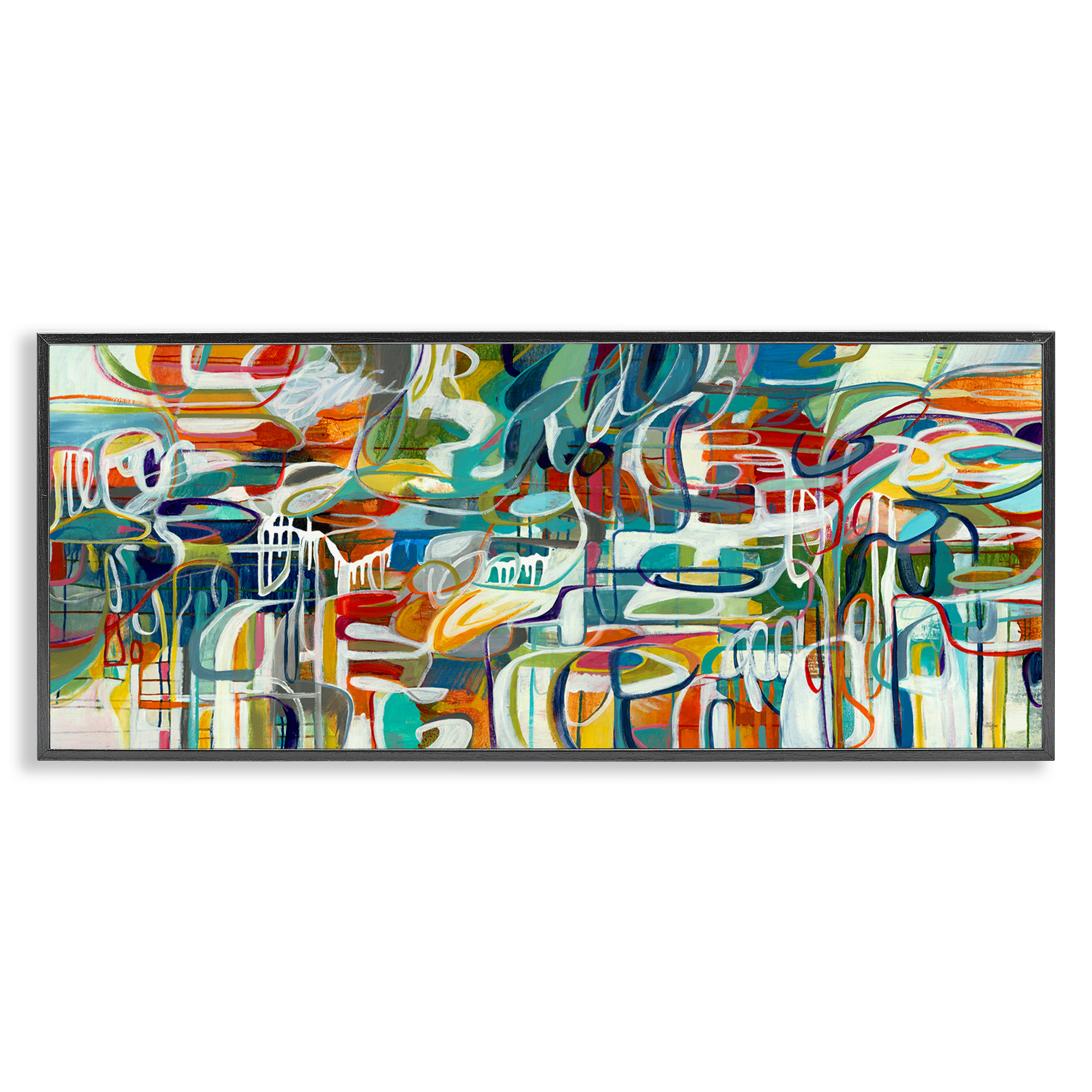 Stupell Industries Chaotic Doodle Shapes Abstract Painting Black Framed Art Print Wall Art, 30 x 13
