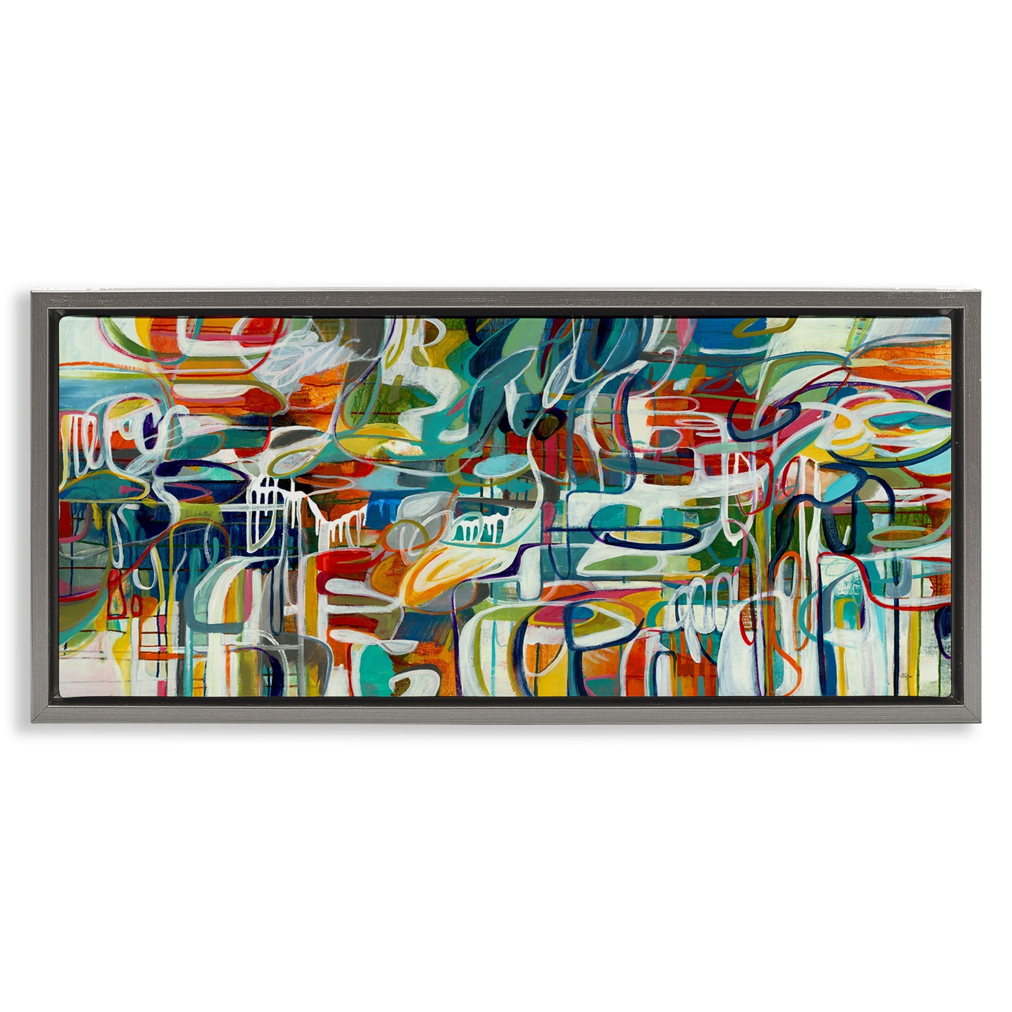 Stupell Industries Chaotic Doodle Shapes Abstract Painting Gray Floater Framed Canvas Art Print Wall Art, 31 x 14
