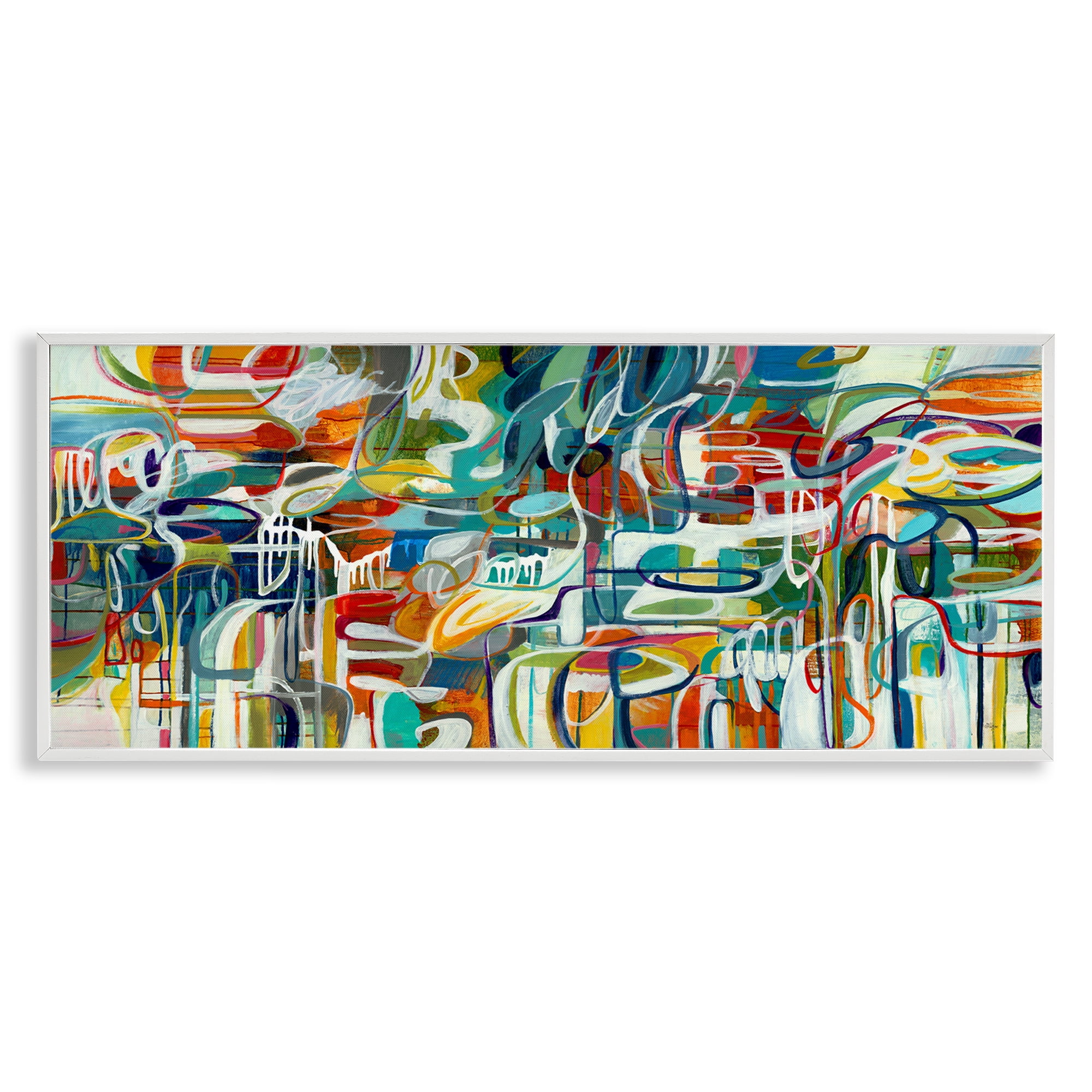Stupell Industries Chaotic Doodle Shapes Abstract Painting White Framed Art Print Wall Art, 24 x 10
