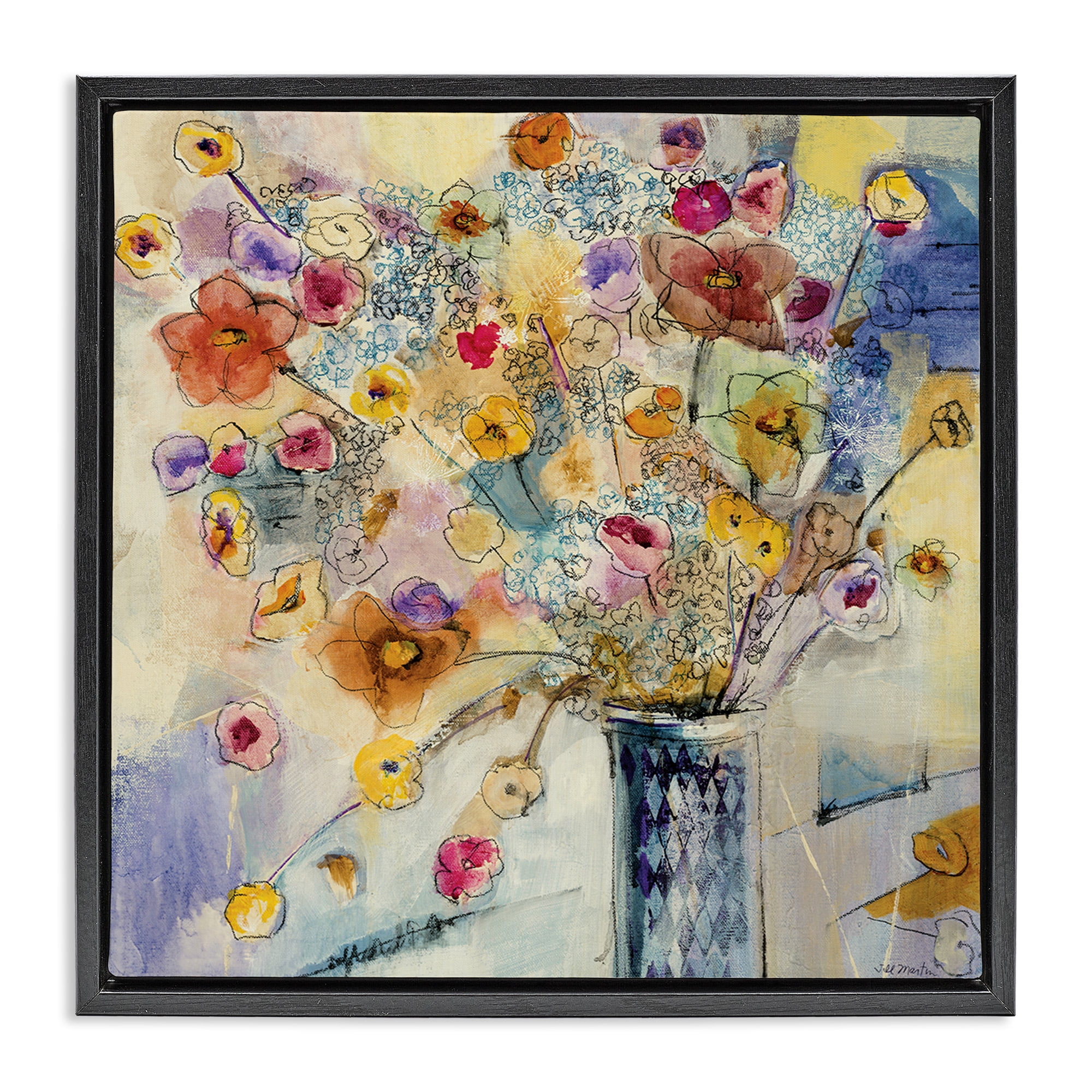 Stupell Industries Chaotic Flowers Line Drawing Abstract Painting Black Floater Framed Canvas Art Print Wall Art, 25 x 25