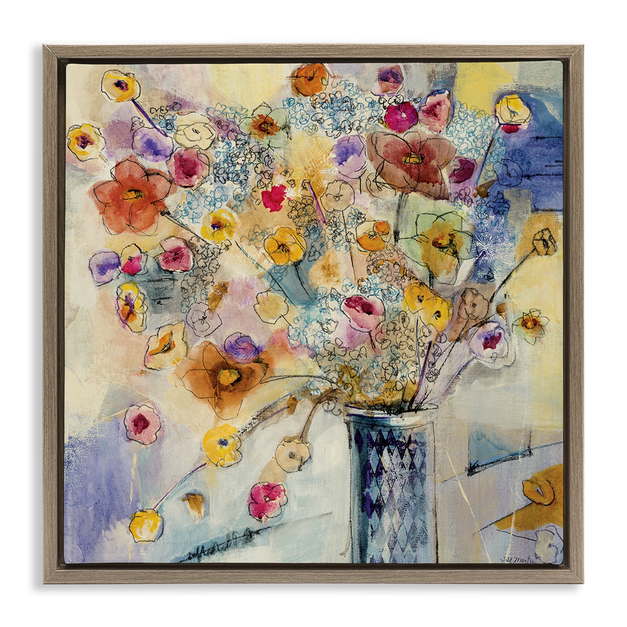 Stupell Industries Chaotic Flowers Line Drawing Abstract Painting Brown Floater Framed Canvas Art Print Wall Art, 25 x 25