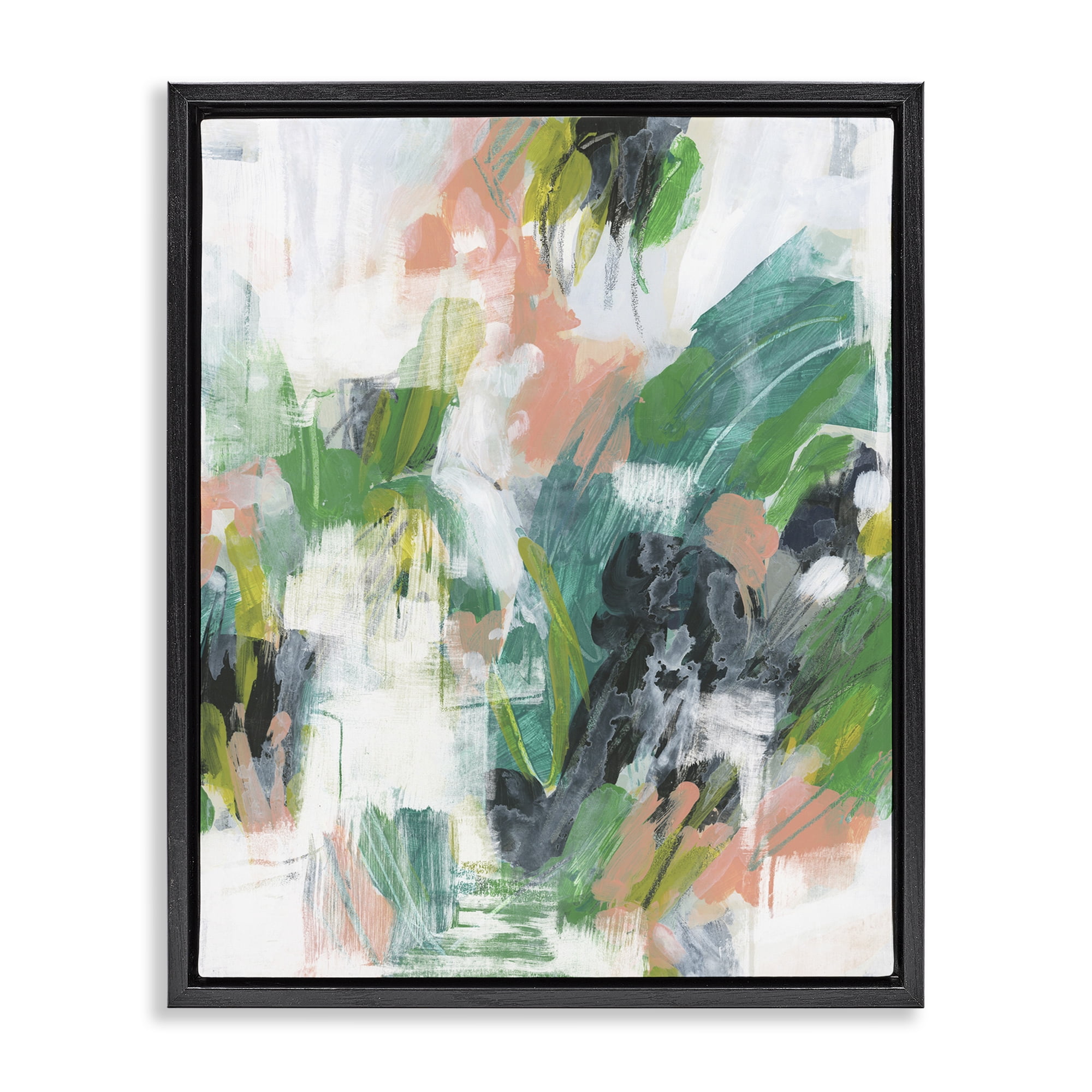 Stupell Industries Chaotic Green Paint Strokes Abstract Painting Black Floater Framed Canvas Art Print Wall Art, 25 x 31