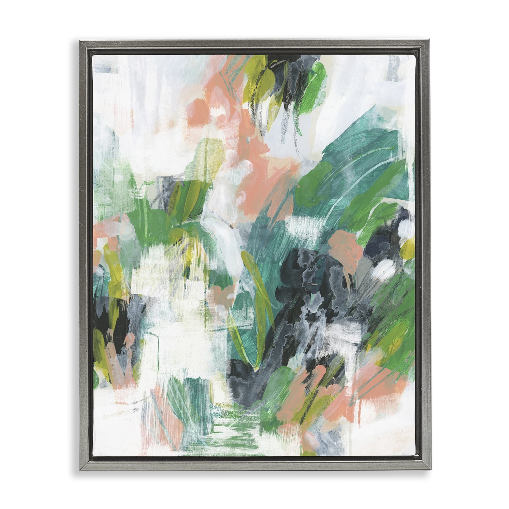 Stupell Industries Chaotic Green Paint Strokes Abstract Painting Gray Floater Framed Canvas Art Print Wall Art, 25 x 31