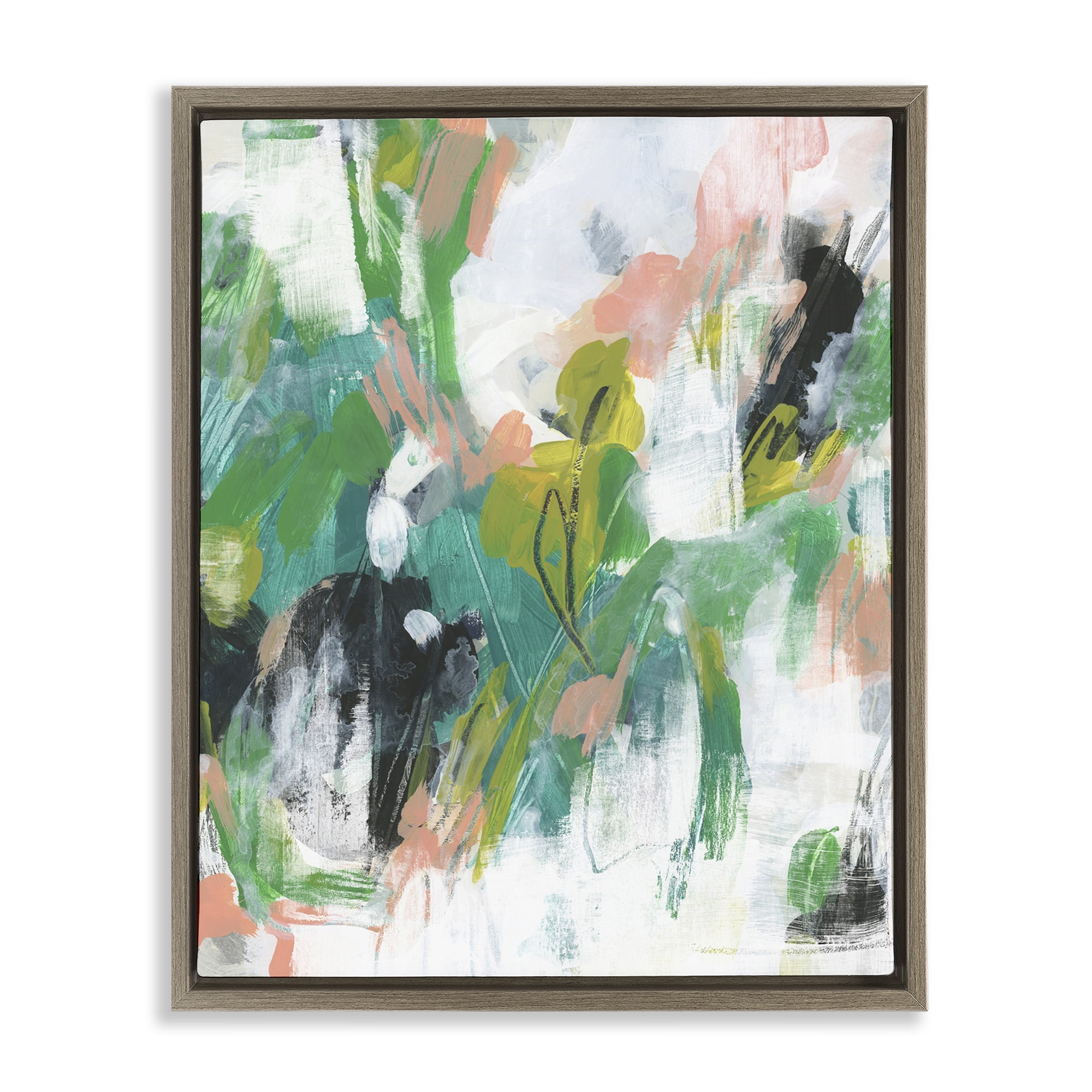 Stupell Industries Chaotic Green & Pink Abstract Abstract Painting Brown Floater Framed Canvas Art Print Wall Art, 25 x 31