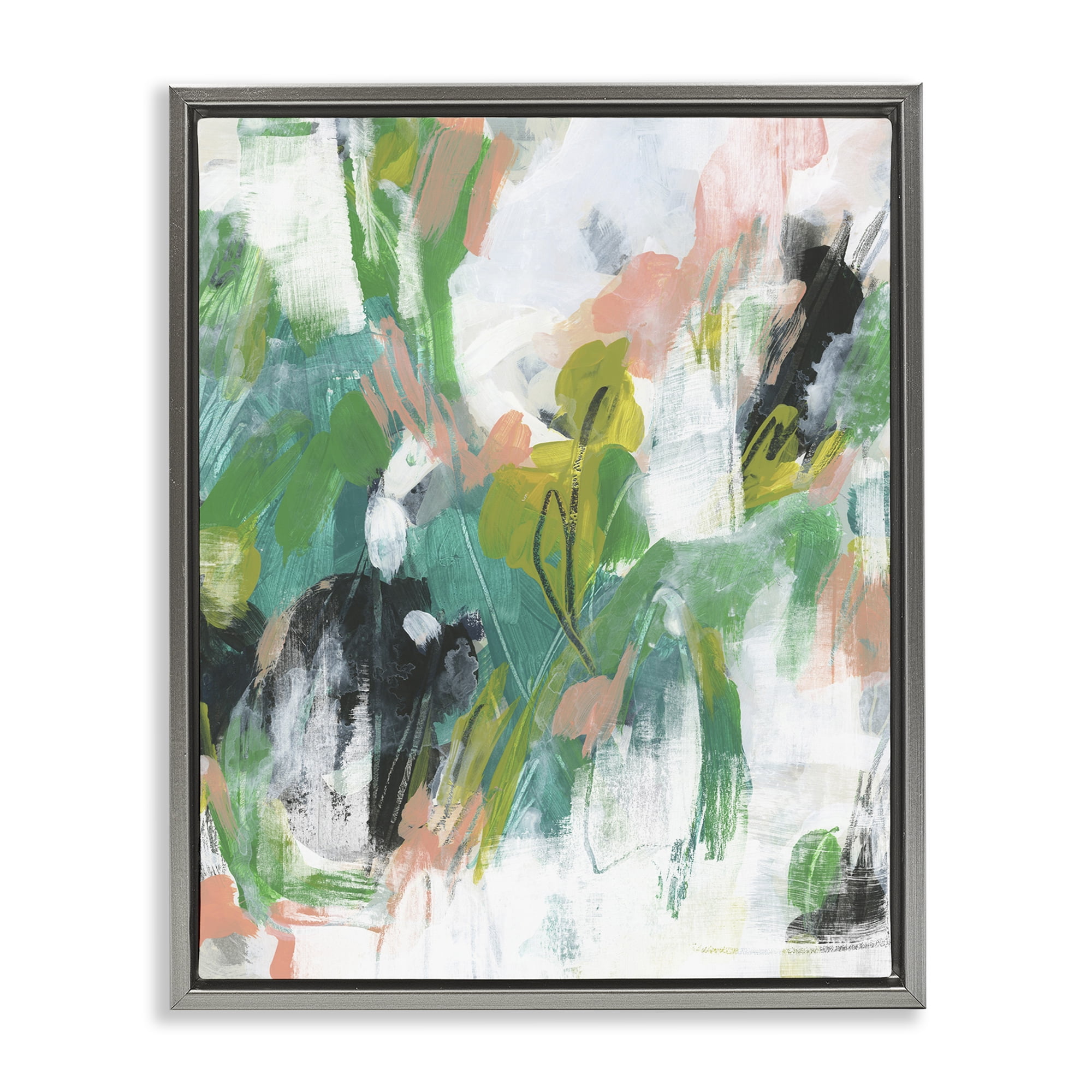 Stupell Industries Chaotic Green & Pink Abstract Abstract Painting Gray Floater Framed Canvas Art Print Wall Art, 17 x 21