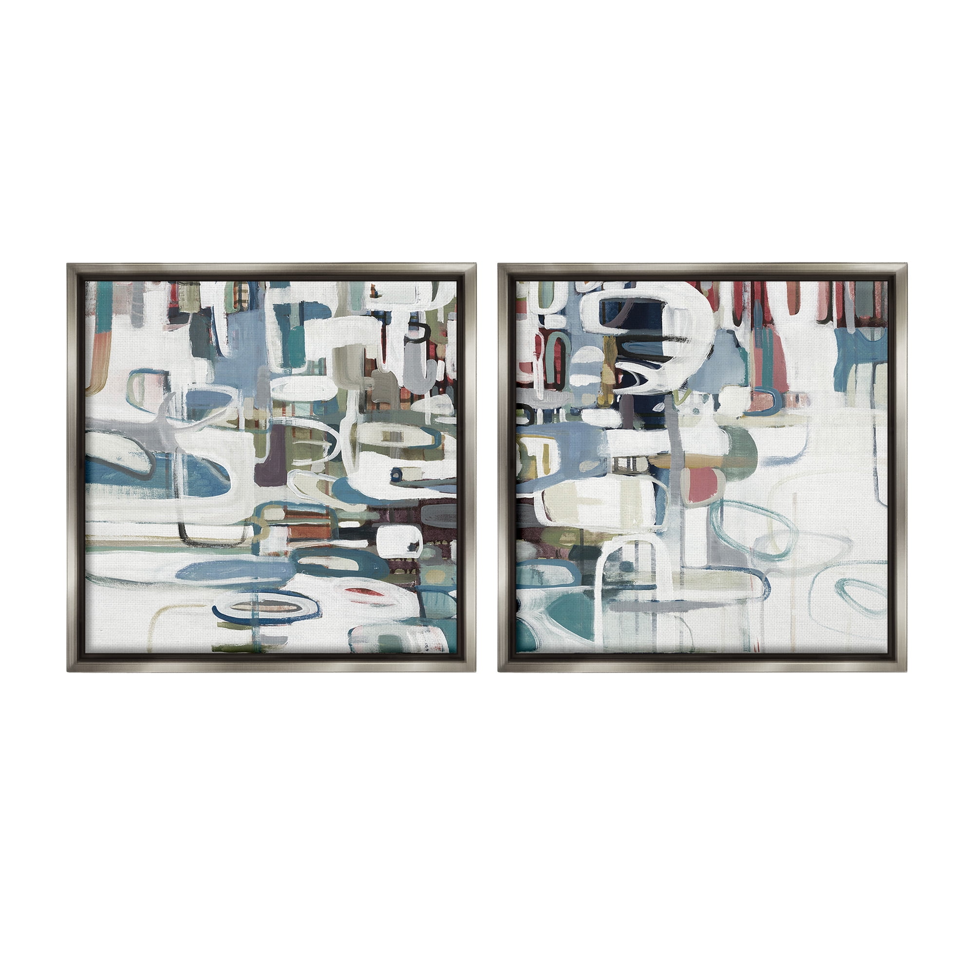 Stupell Industries Chaotic Intertwining Shapes Abstract Painting Gray Floater Framed Canvas Art Print Wall Art, 18 x 18, Set of 2