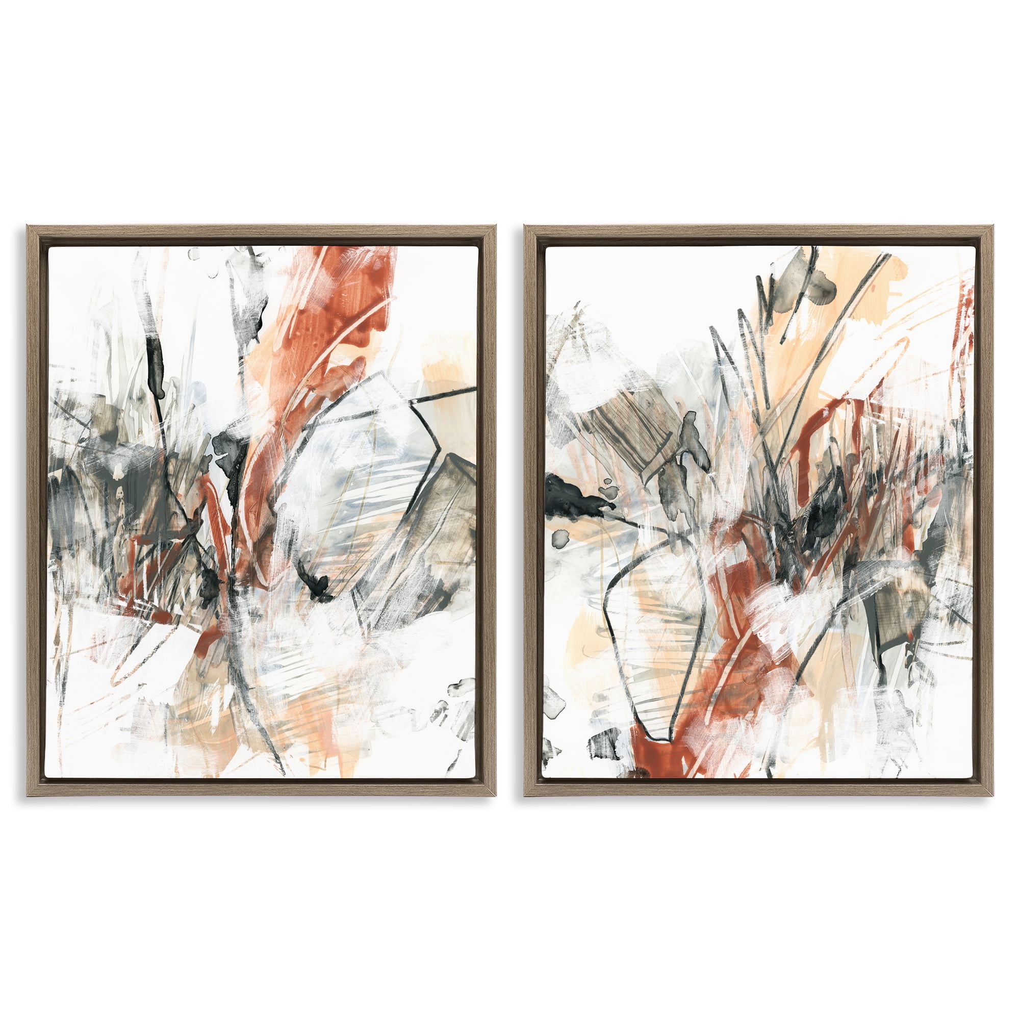 Stupell Industries Chaotic Scribbles Abstracts Abstract Painting Brown Floater Framed Canvas Art Print Wall Art, 17 x 21, Set of 2