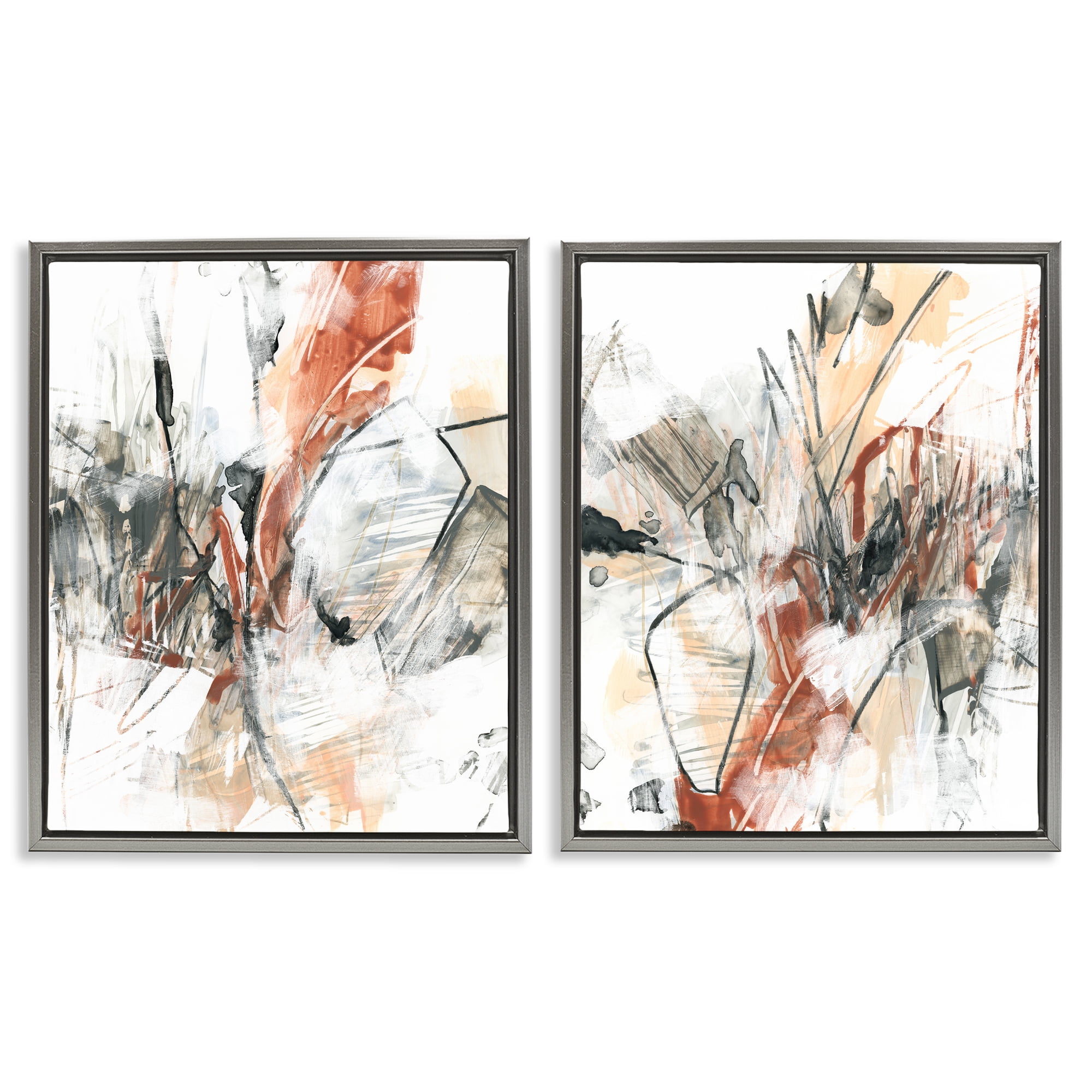 Stupell Industries Chaotic Scribbles Abstracts Abstract Painting Gray Floater Framed Canvas Art Print Wall Art, 17 x 21, Set of 2