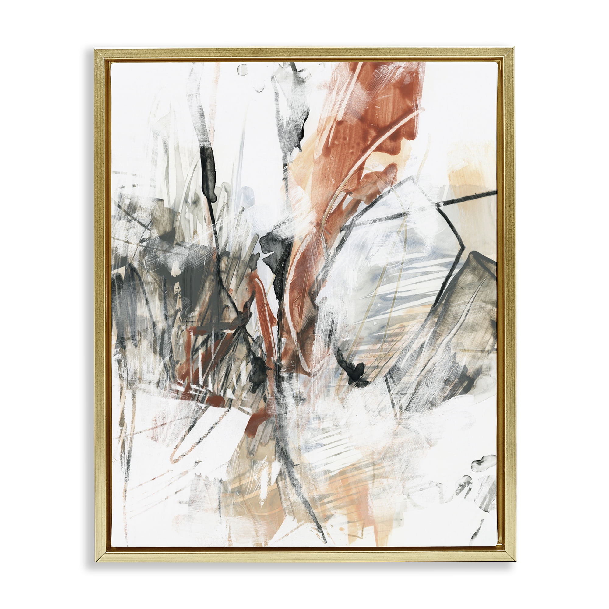 Stupell Industries Chaotic Terracotta & Grey Abstract Painting Gold Floater Framed Canvas Art Print Wall Art, 17 x 21