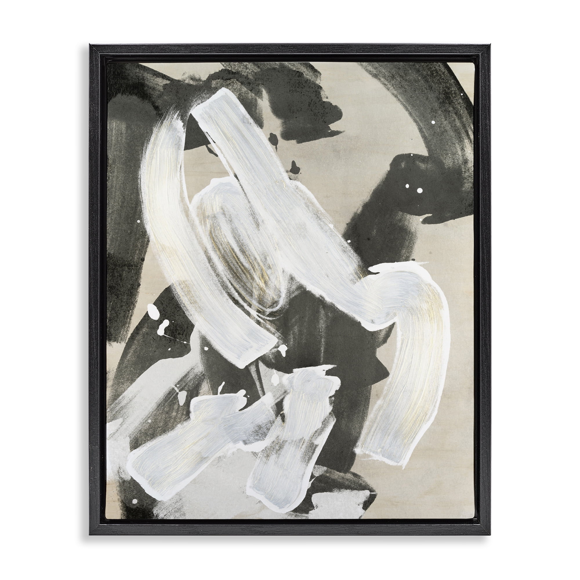 Stupell Industries Chaotic White Paint Streak Abstract Painting Black Floater Framed Canvas Art Print Wall Art, 25 x 31